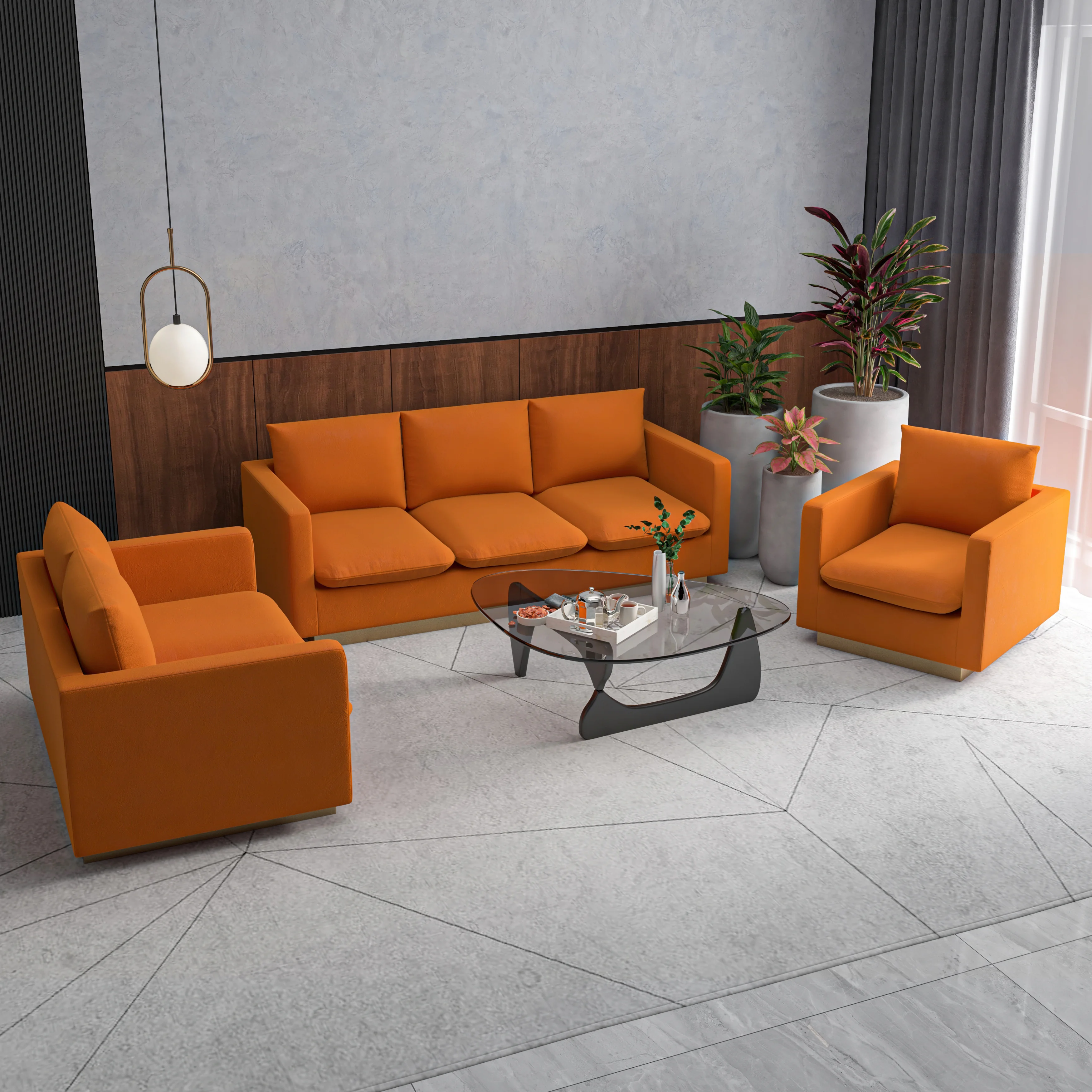 Nervo Velvet 3-Piece Living Room Sofa Set With Gold Frame Orange Marmalade