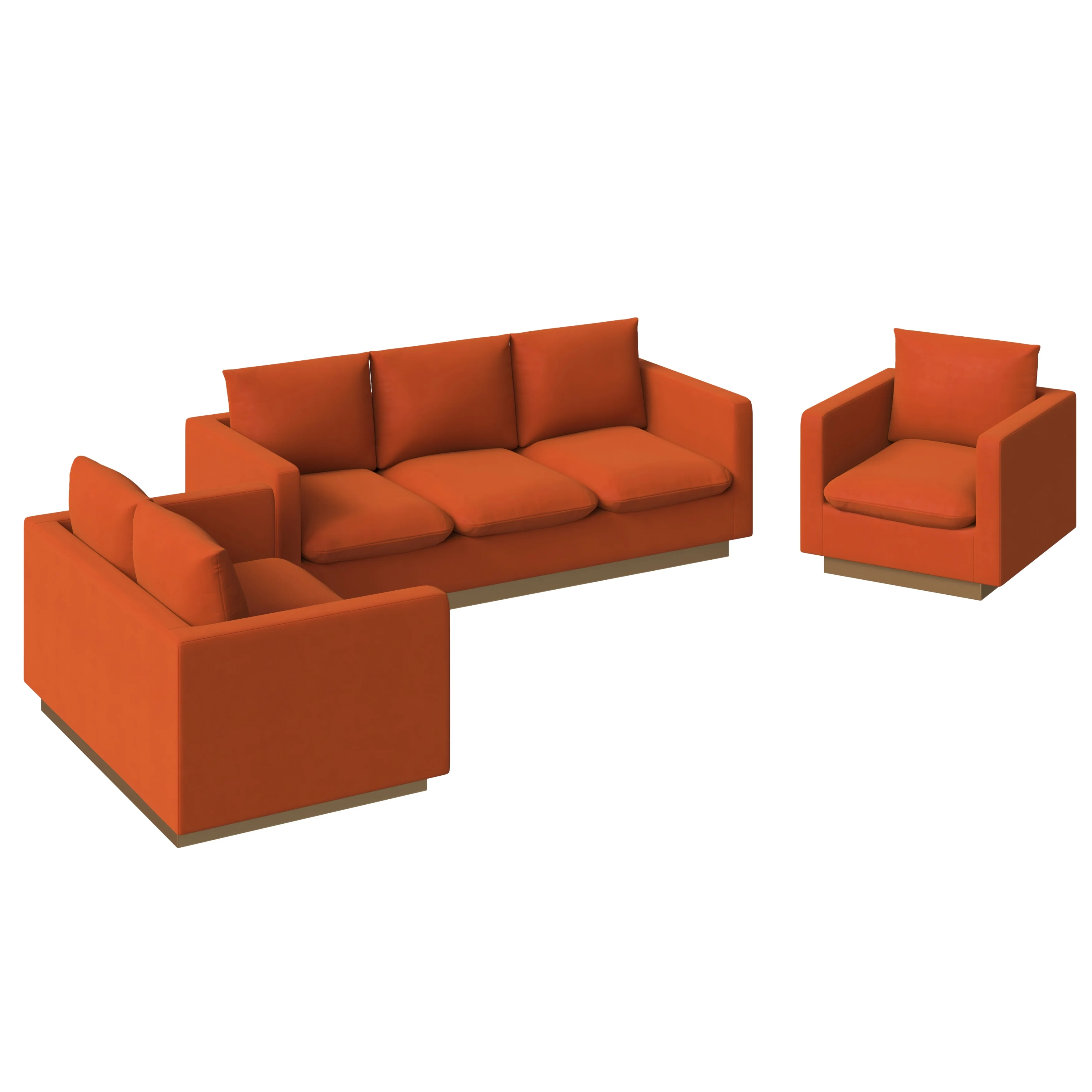 Nervo Velvet 3-Piece Living Room Sofa Set With Gold Frame Orange Marmalade