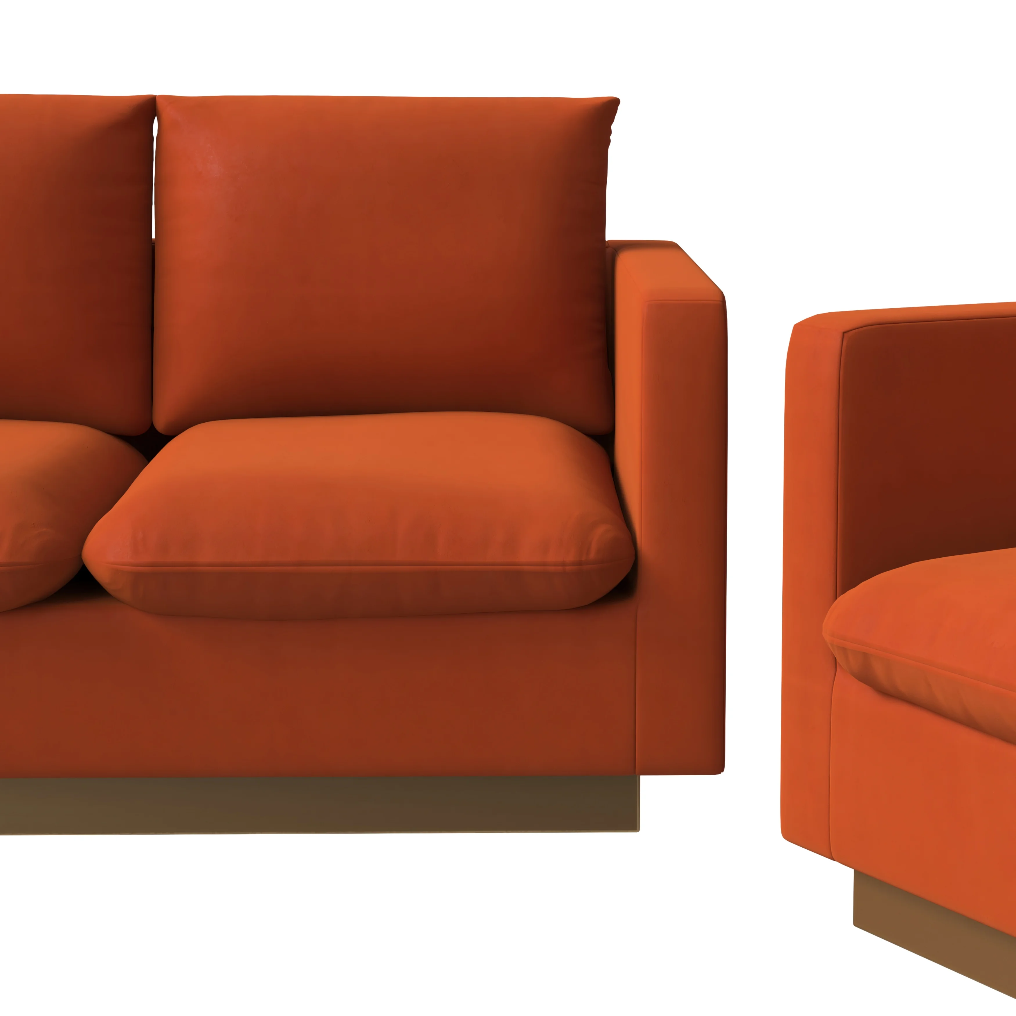 Nervo Velvet 3-Piece Living Room Sofa Set With Gold Frame Orange Marmalade
