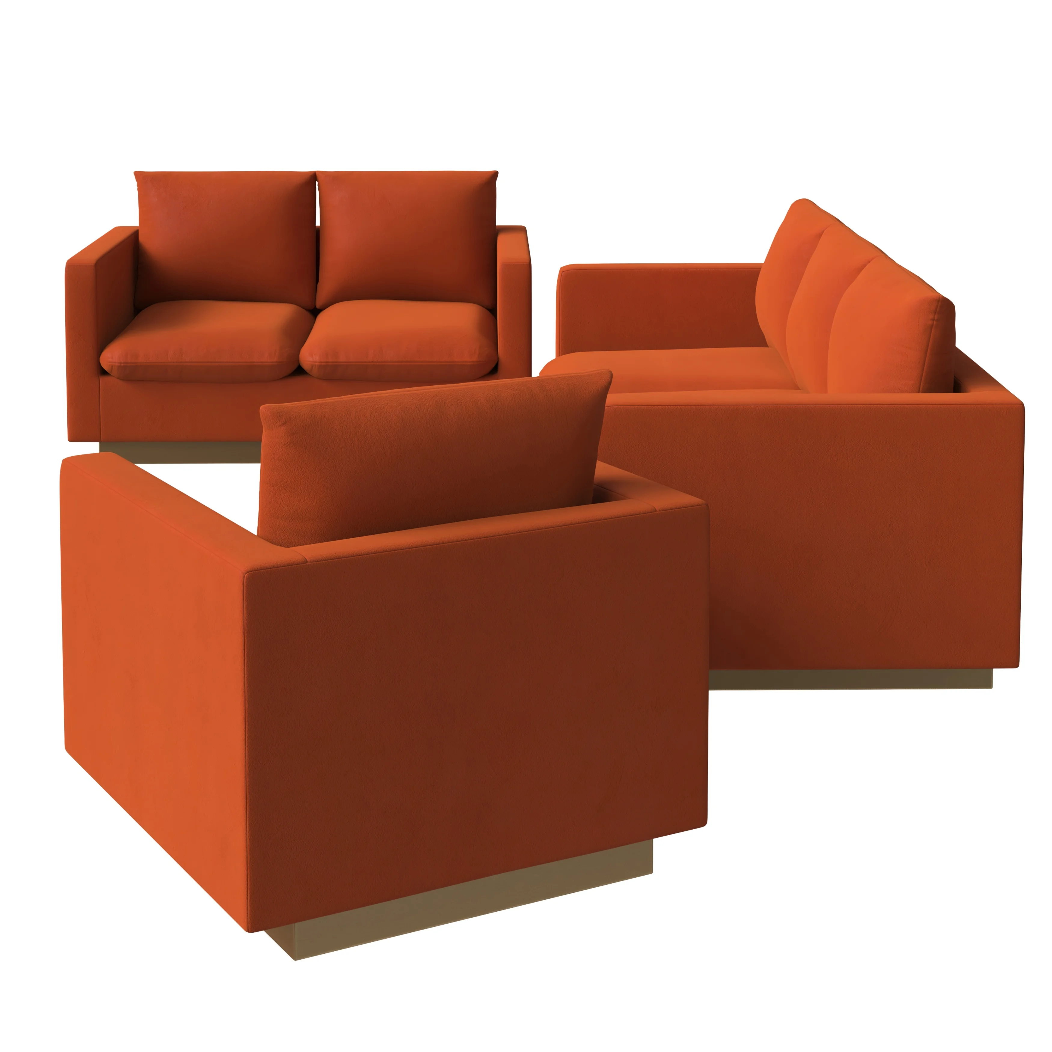 Nervo Velvet 3-Piece Living Room Sofa Set With Gold Frame Orange Marmalade