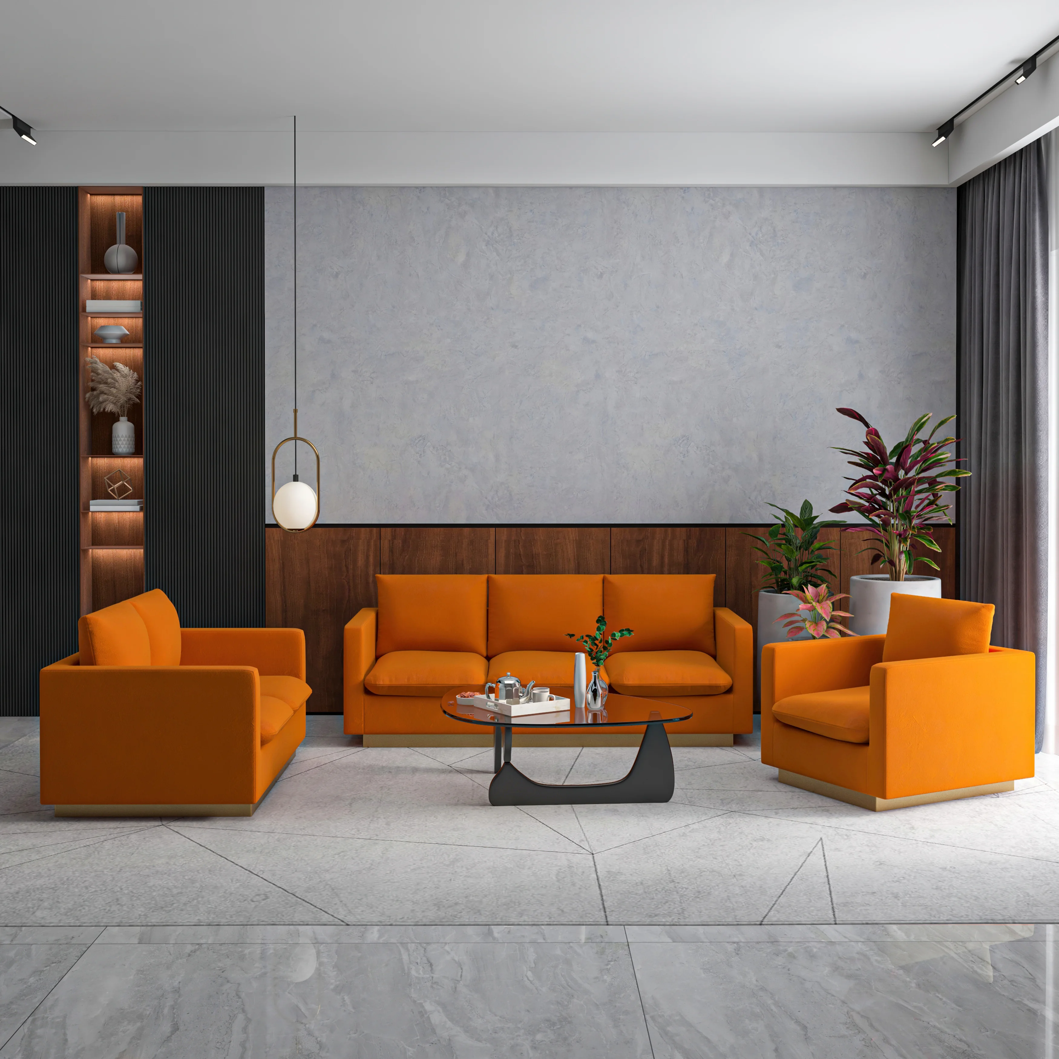 Nervo Velvet 3-Piece Living Room Sofa Set With Gold Frame Orange Marmalade