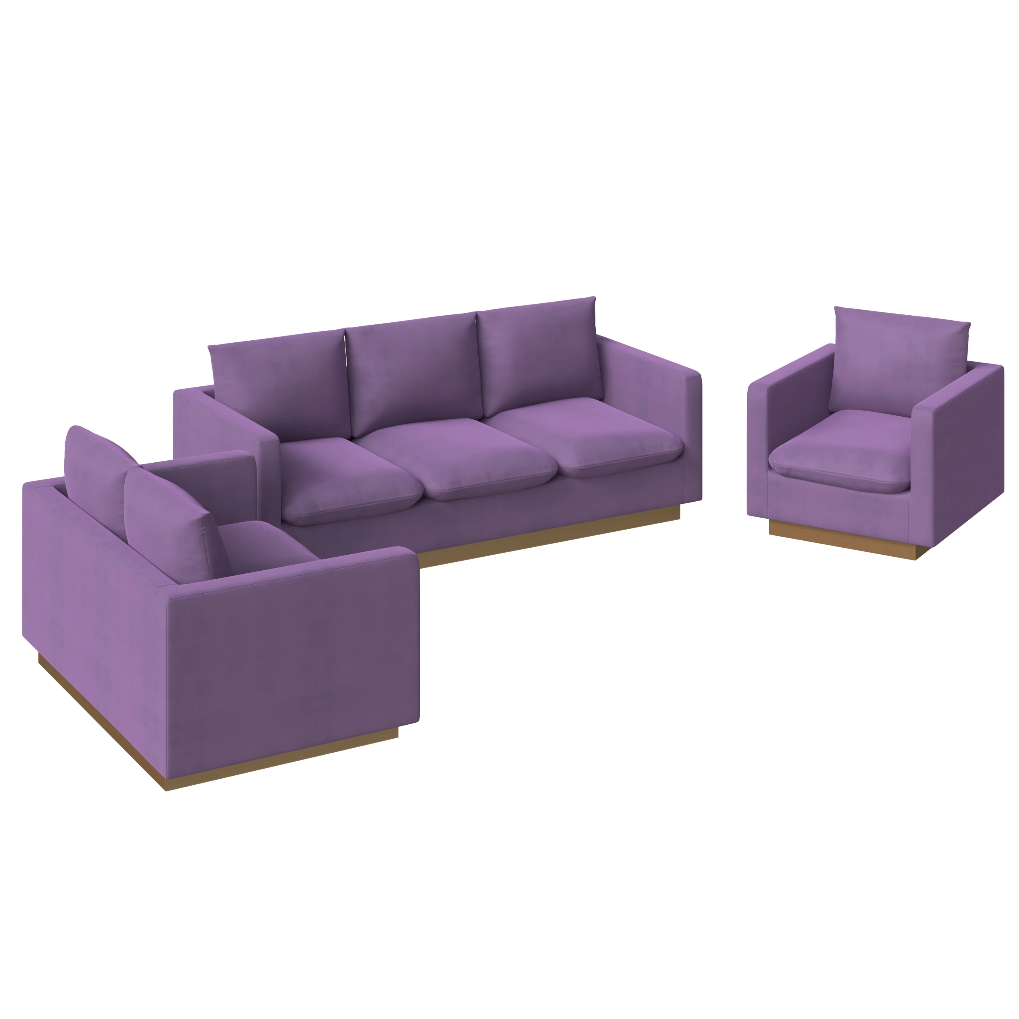 Nervo Velvet 3-Piece Living Room Sofa Set With Gold Frame Purple