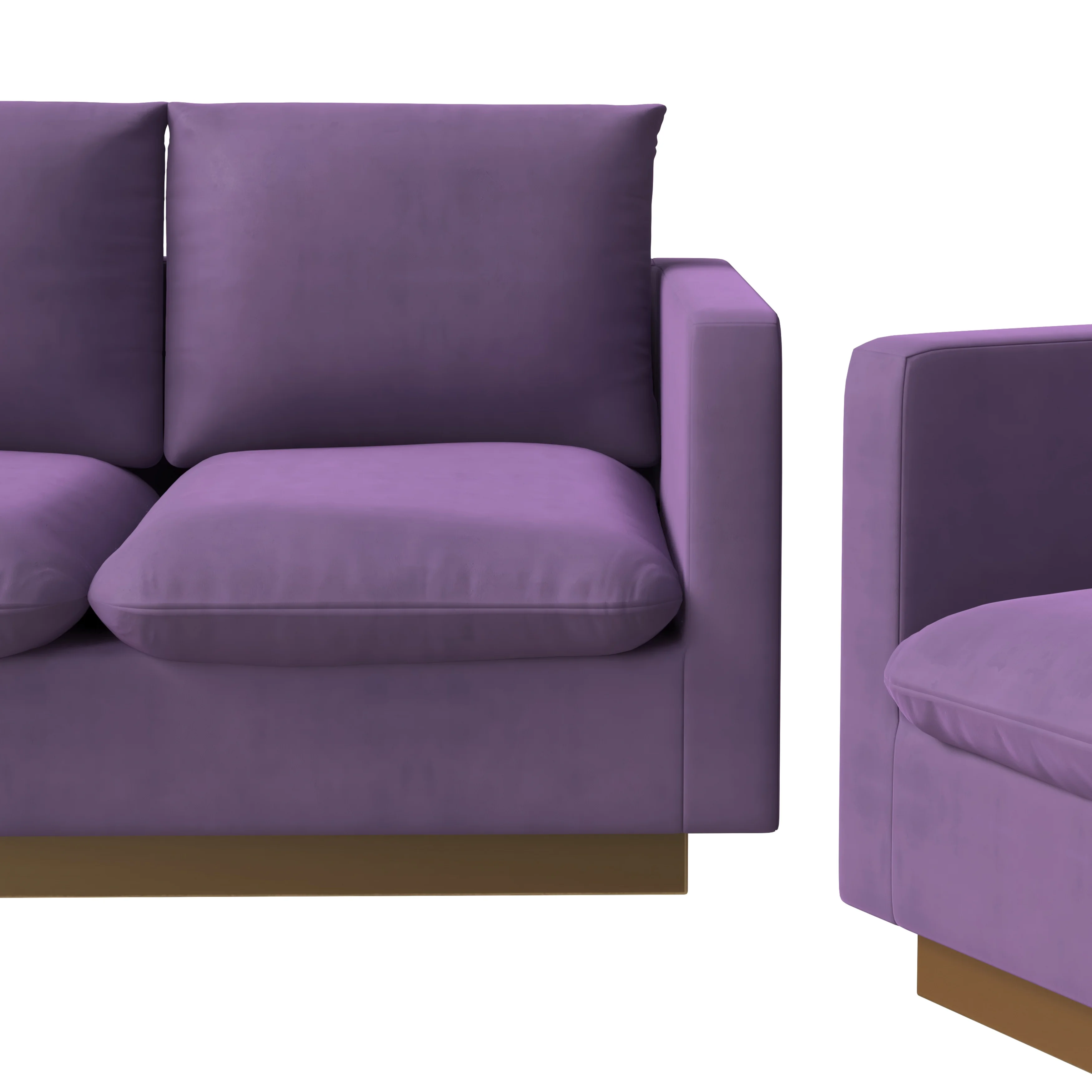 Nervo Velvet 3-Piece Living Room Sofa Set With Gold Frame Purple