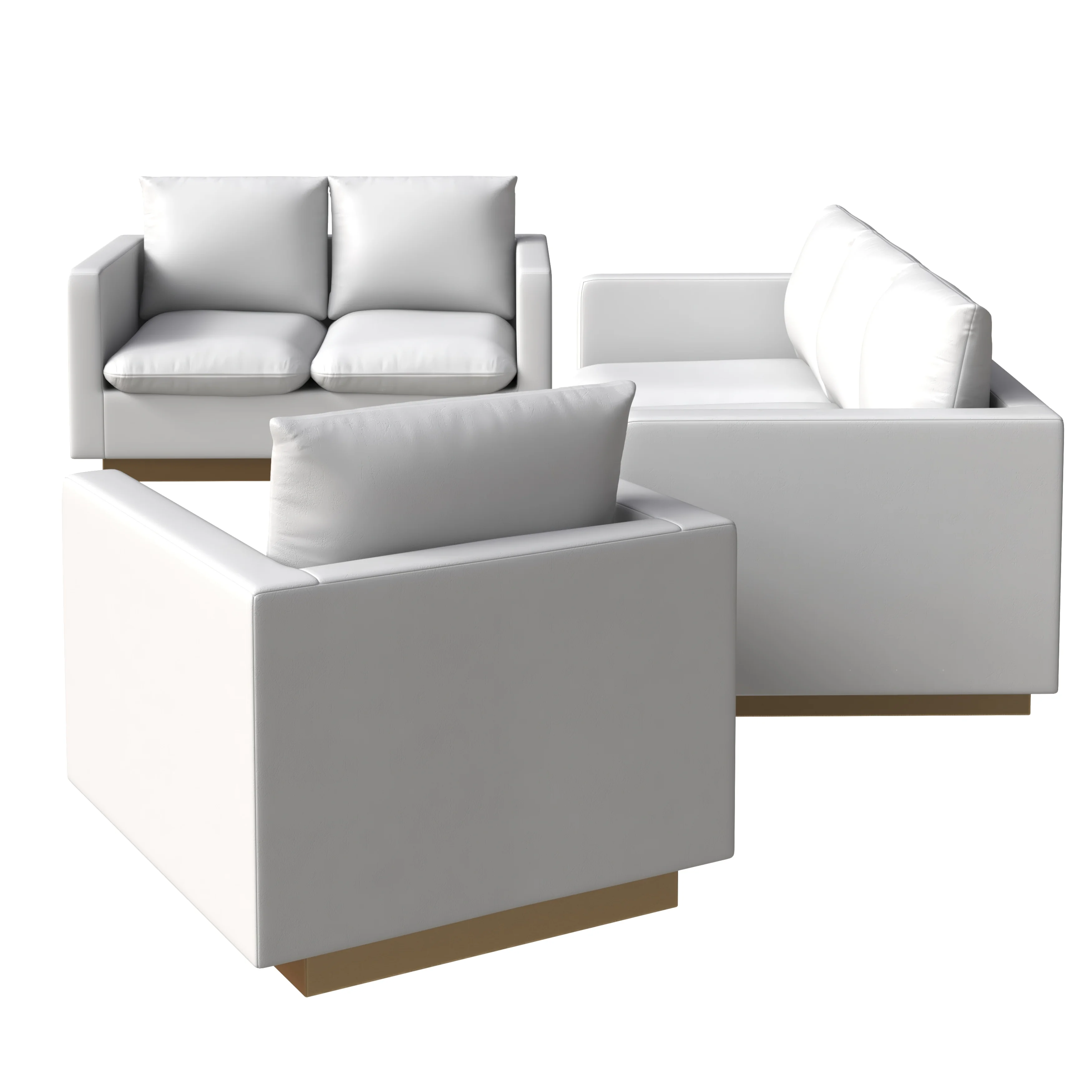Nervo Leather 3-Piece Living Room Sofa Set With Gold Frame White
