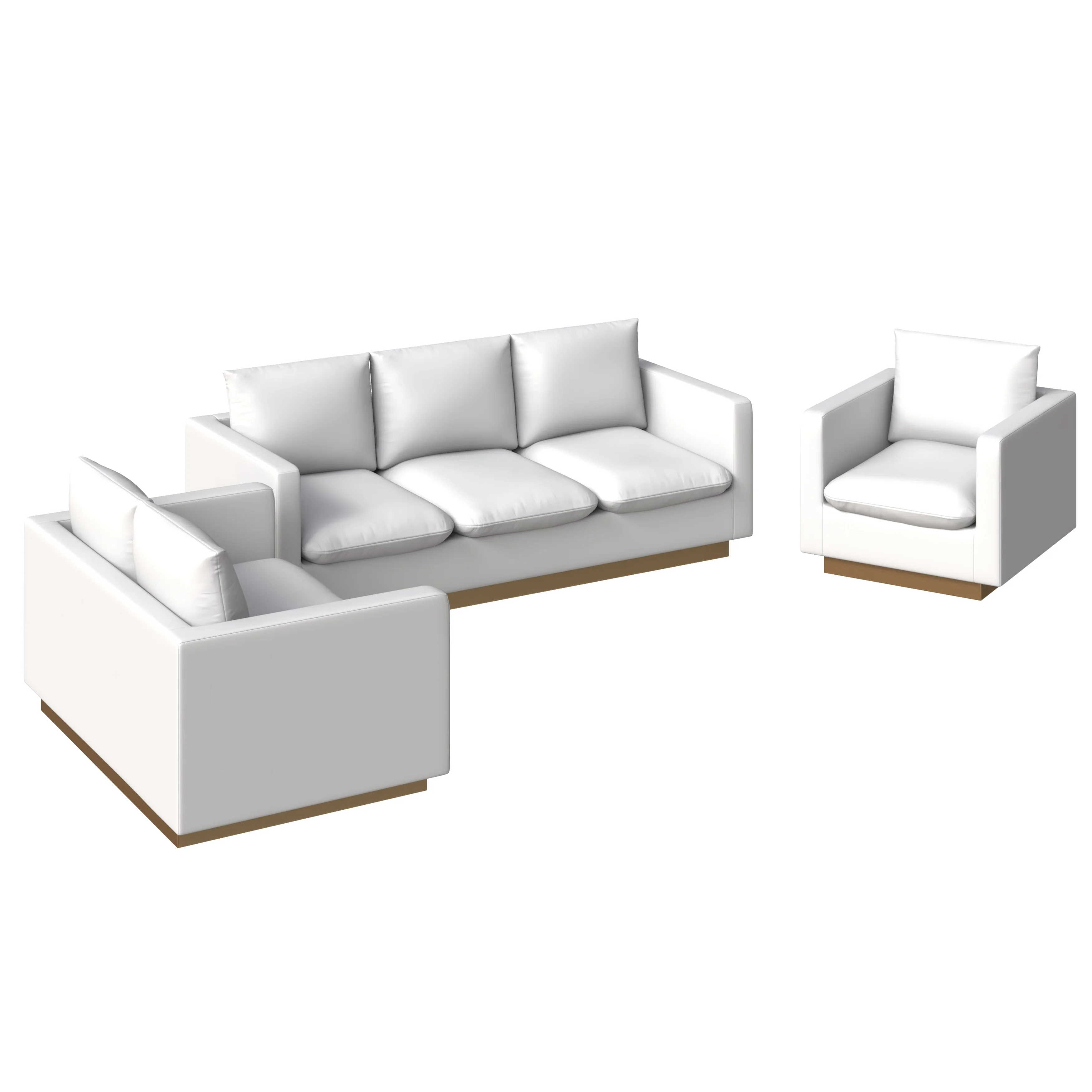 Nervo Leather 3-Piece Living Room Sofa Set With Gold Frame White
