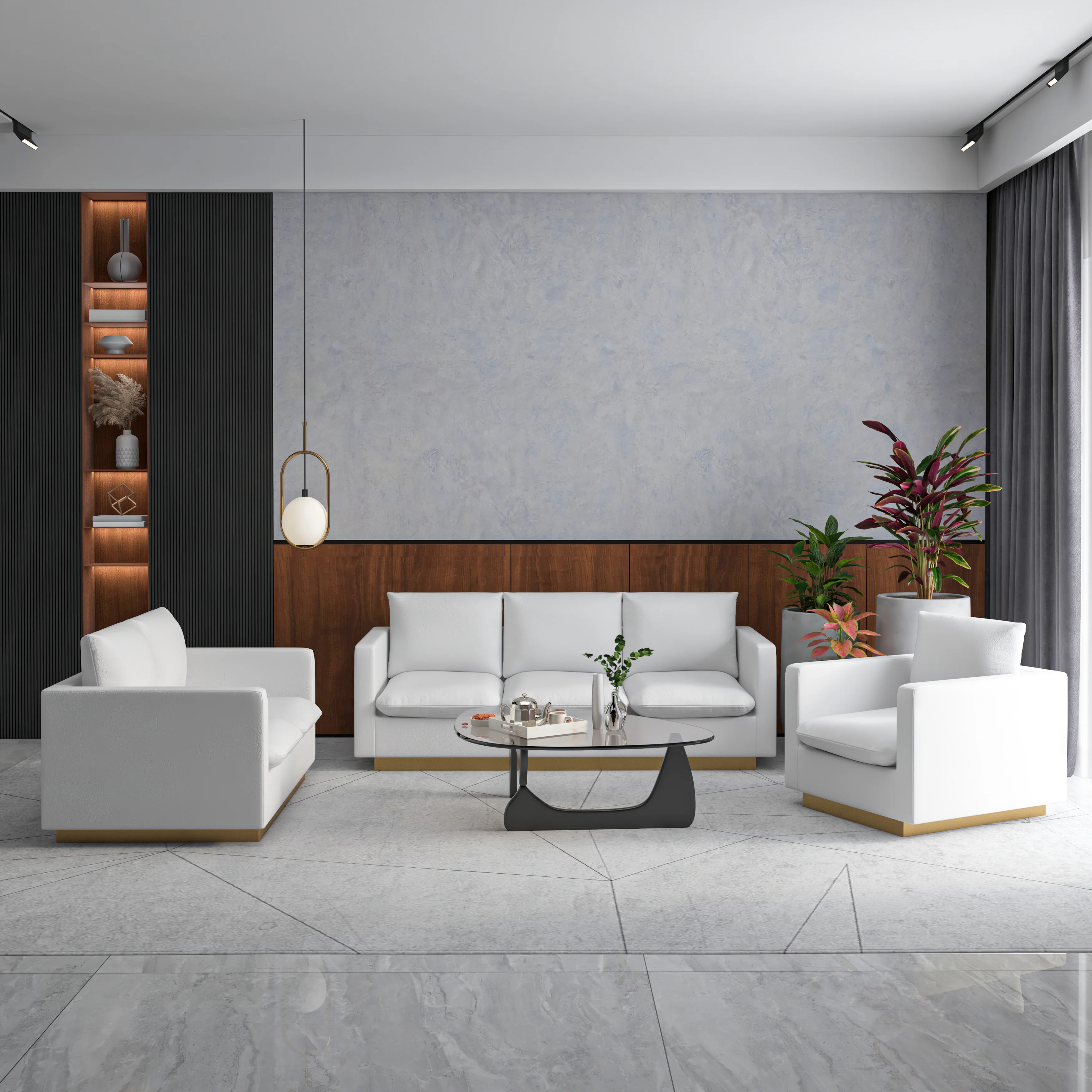 Nervo Leather 3-Piece Living Room Sofa Set With Gold Frame White