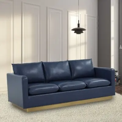 Nervo Modern Mid-Century Upholstered Leather Sofa with Gold Frame