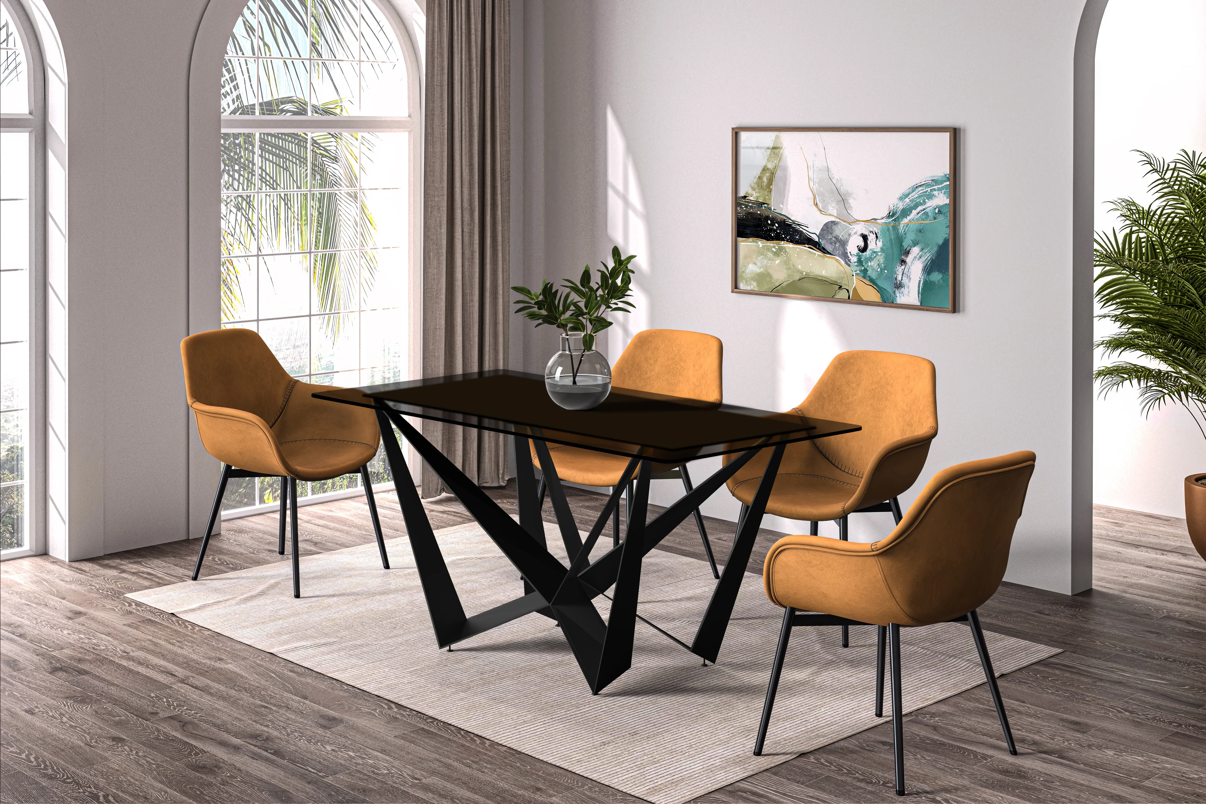 Nuvor Series Modern Dining Table Black Base, With 55 Black Glass Top