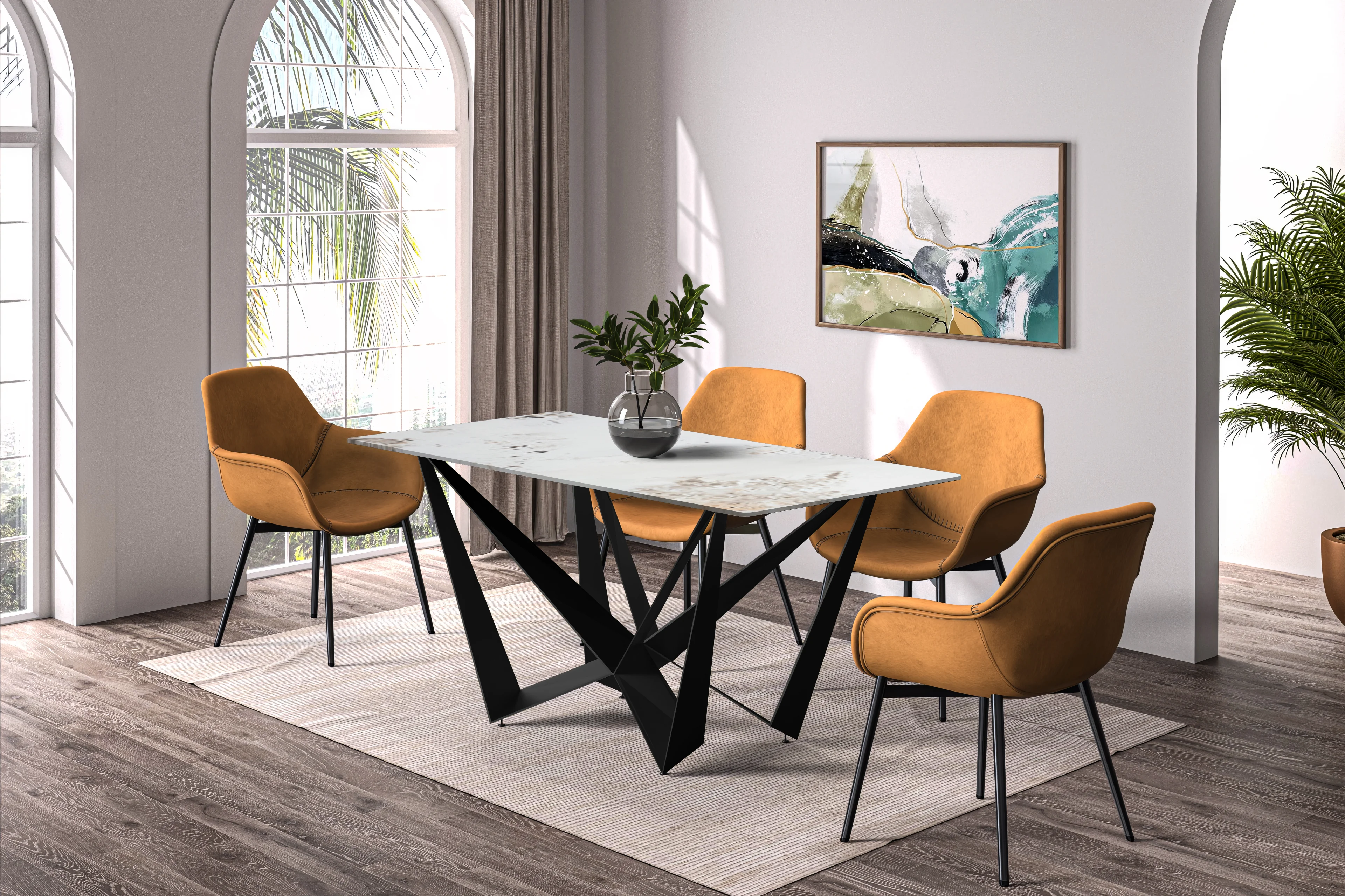 Nuvor Series Modern Dining Table Black Base, With 62 White Grey Sintered Stone Top