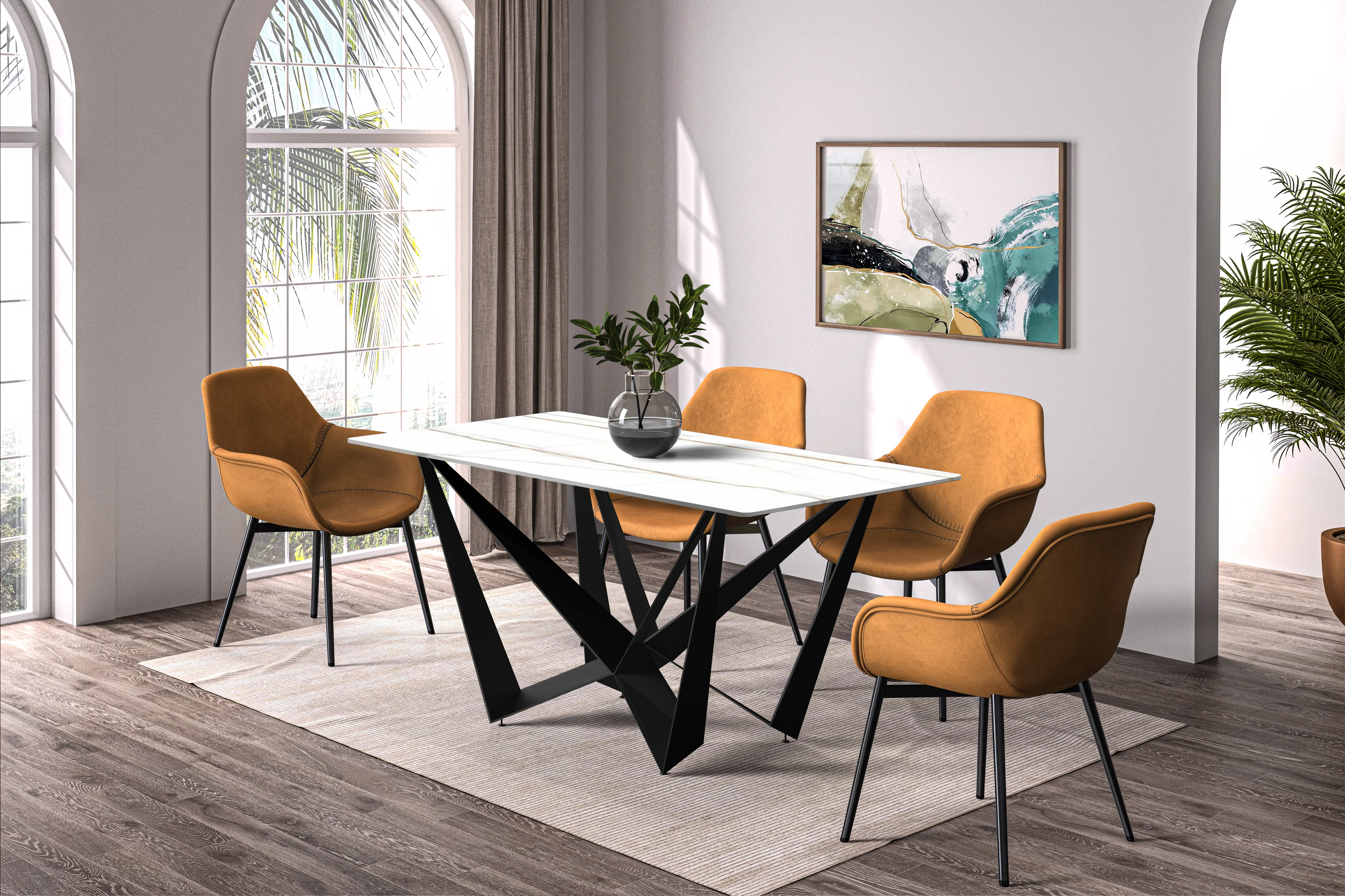 Nuvor Series Modern Dining Table Black Base, With 62 White/Gold Sintered Stone Top