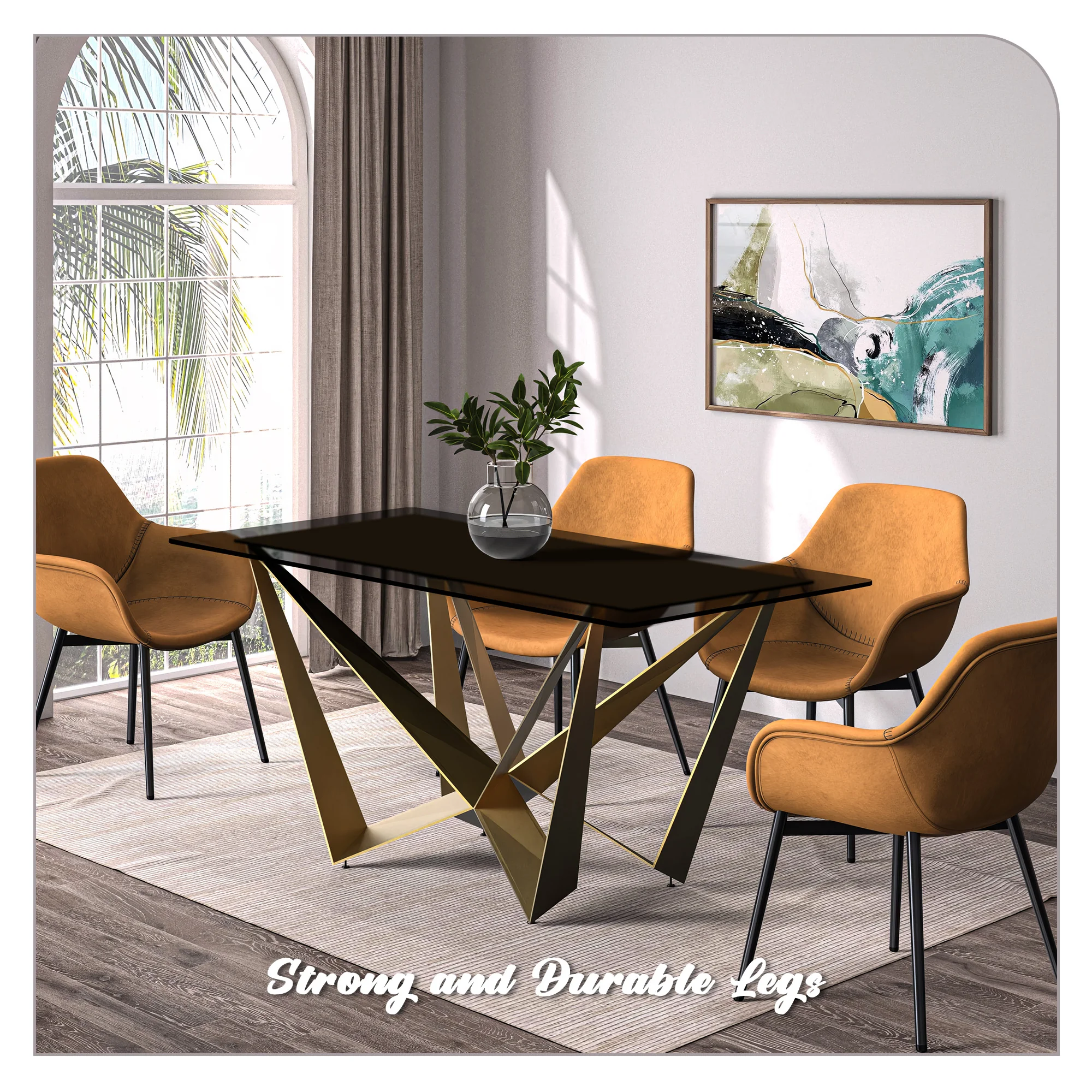 Nuvor Mid-Century Modern Dining Table with a 55 Rectangular Black Top and Gold Steel Base