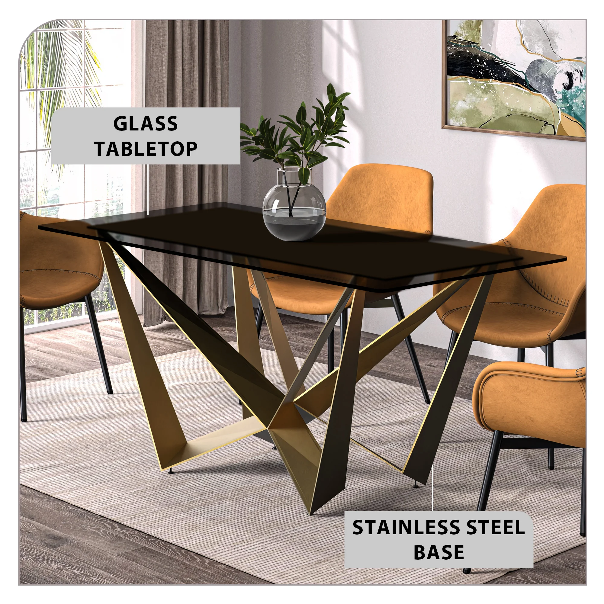 Nuvor Mid-Century Modern Dining Table with a 55 Rectangular Black Top and Gold Steel Base