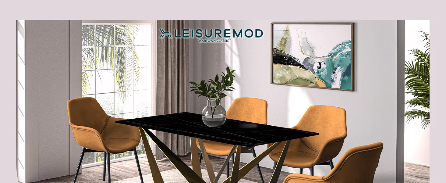 Nuvor Mid-Century Modern Dining Table with a 55 Rectangular Black/Gold Top and Gold Steel Base