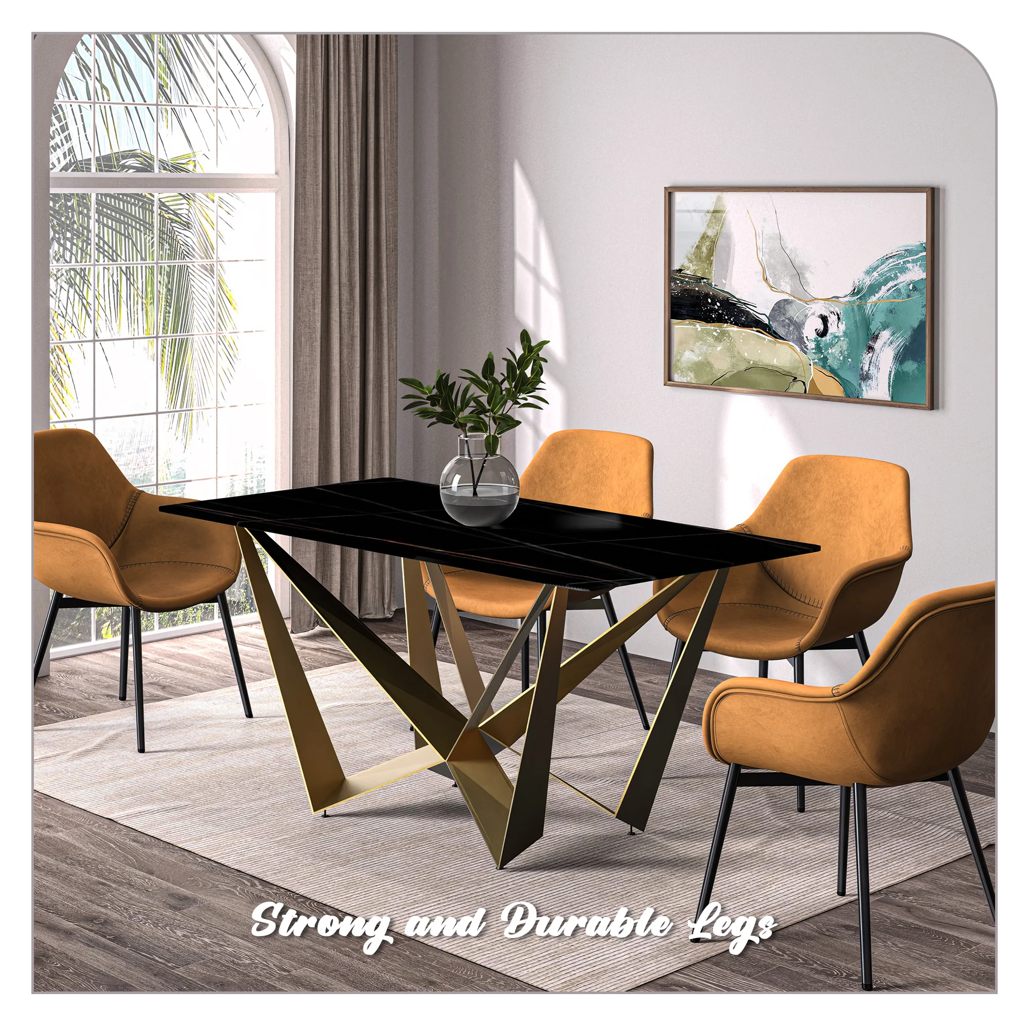 Nuvor Mid-Century Modern Dining Table with a 55 Rectangular Black/Gold Top and Gold Steel Base
