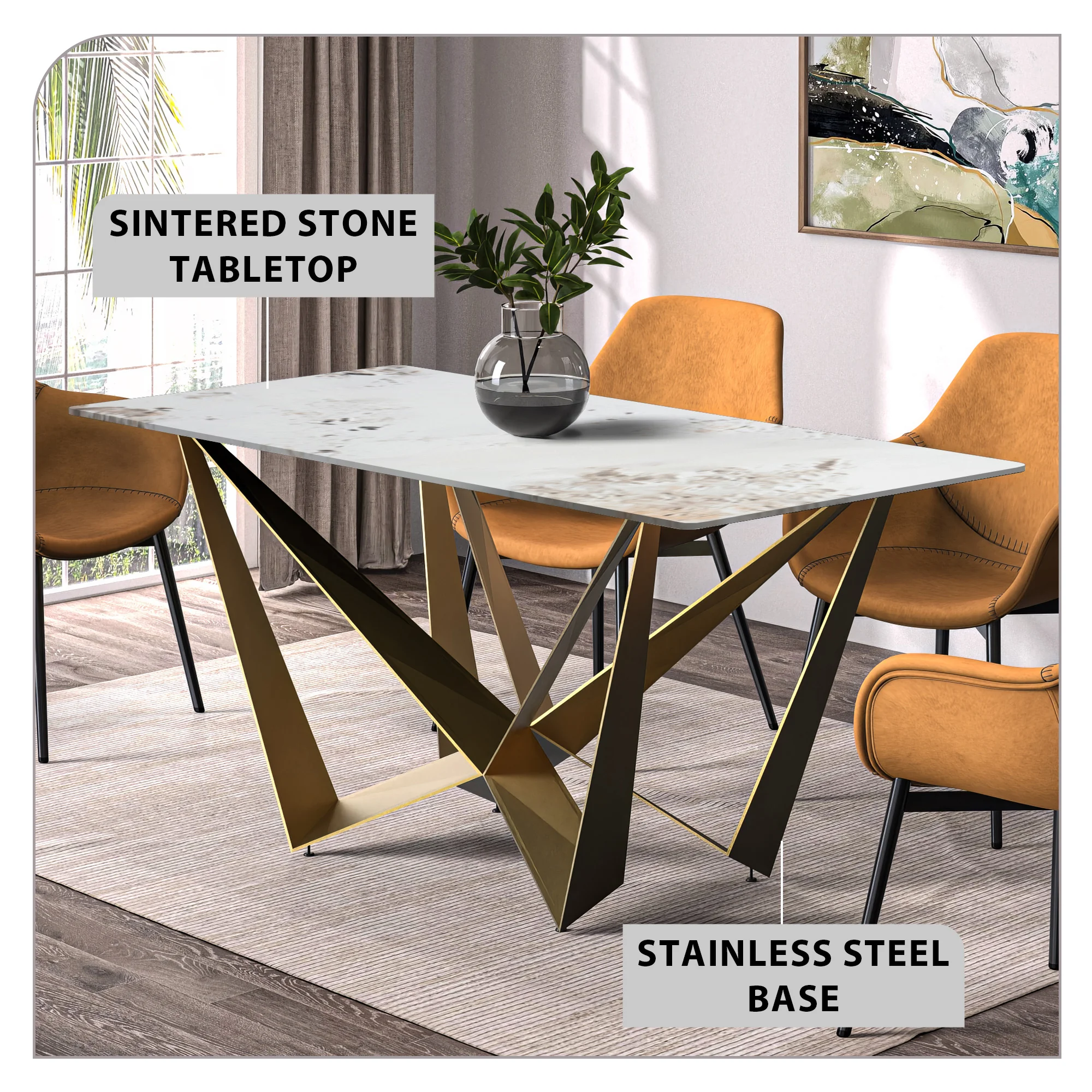 Nuvor Mid-Century Modern Dining Table with a 55 Rectangular White Grey Top and Gold Steel Base