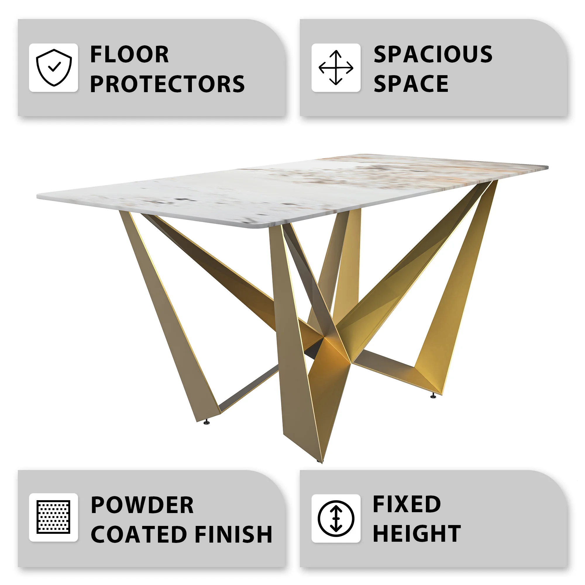 Nuvor Mid-Century Modern Dining Table with a 55 Rectangular White Grey Top and Gold Steel Base