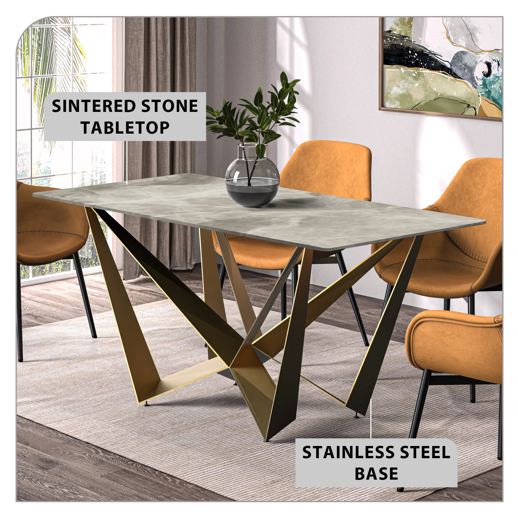 Nuvor Mid-Century Modern Dining Table with a 55 Rectangular Deep Grey Top and Gold Steel Base