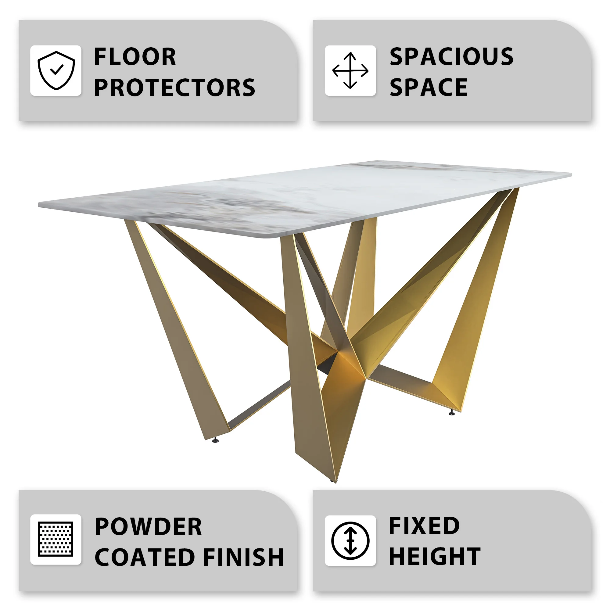 Nuvor Mid-Century Modern Dining Table with a 55 Rectangular Medium Grey Top and Gold Steel Base
