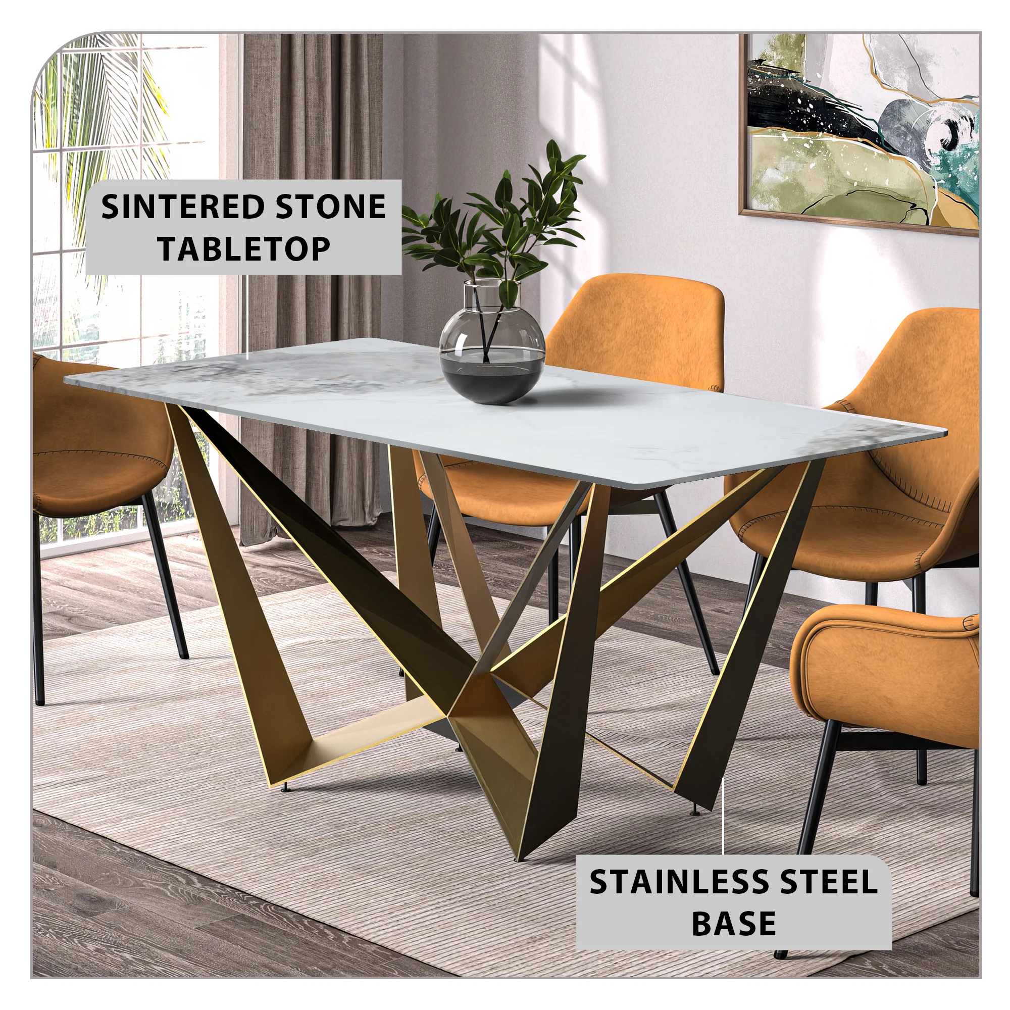 Nuvor Mid-Century Modern Dining Table with a 55 Rectangular Medium Grey Top and Gold Steel Base
