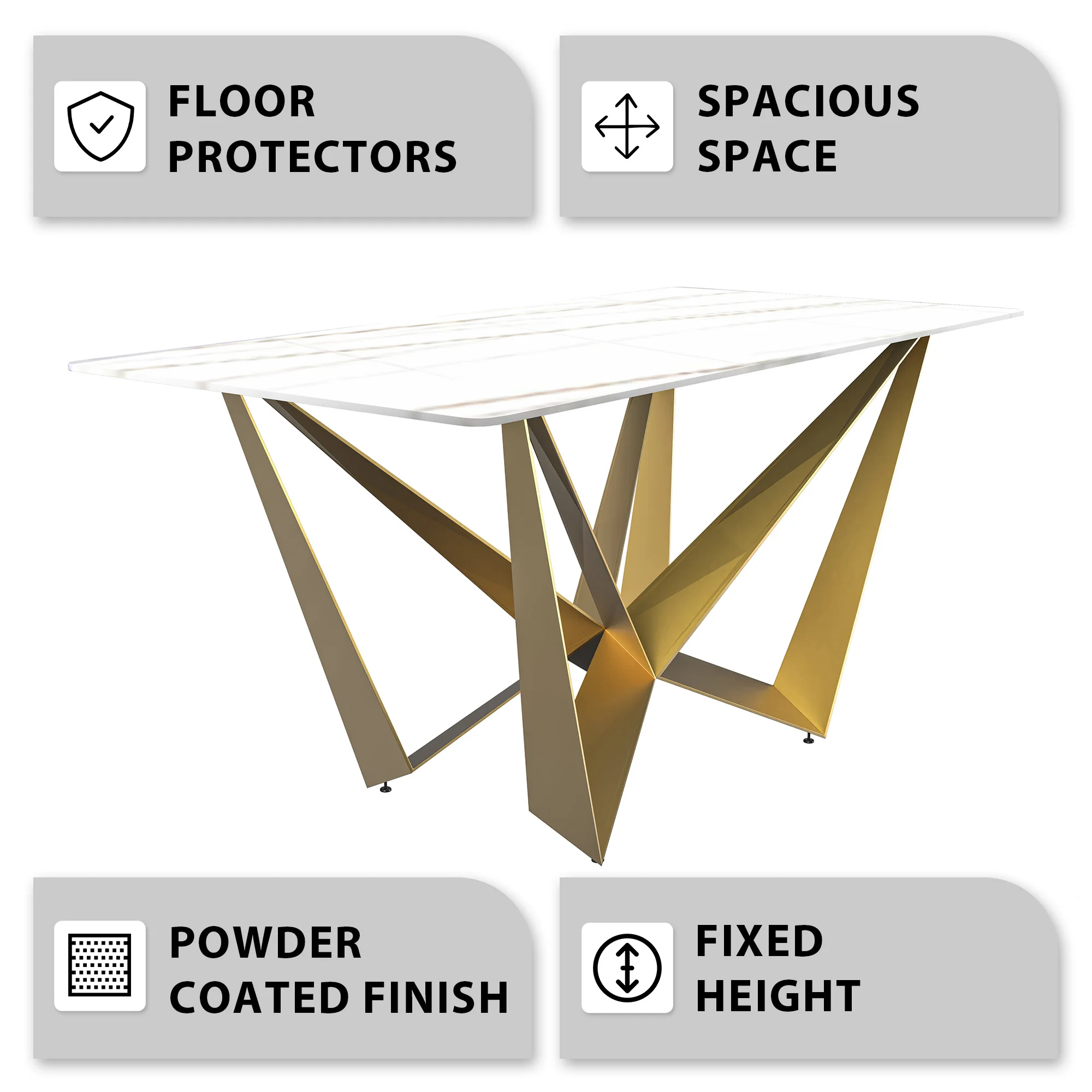 Nuvor Mid-Century Modern Dining Table with a 55 Rectangular White/Gold Top and Gold Steel Base