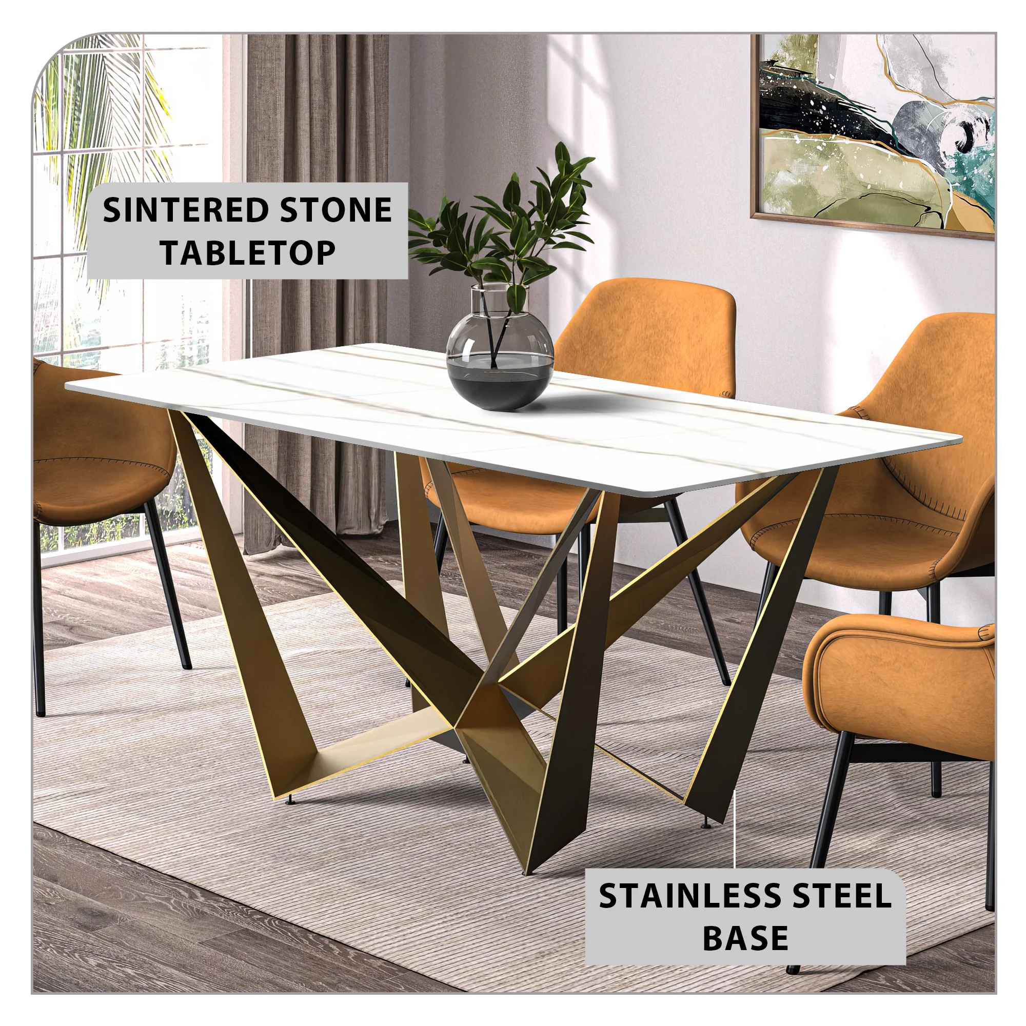 Nuvor Mid-Century Modern Dining Table with a 55 Rectangular White/Gold Top and Gold Steel Base