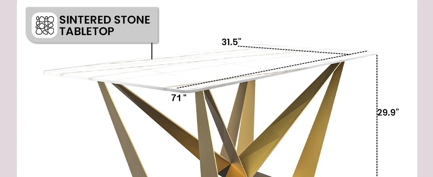 Nuvor Mid-Century Modern Dining Table with a 55 Rectangular White/Gold Top and Gold Steel Base