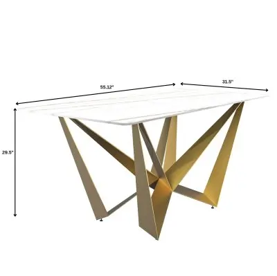 Nuvor Mid-Century Modern Dining Table with a 55 Rectangular White/Gold Top and Gold Steel Base