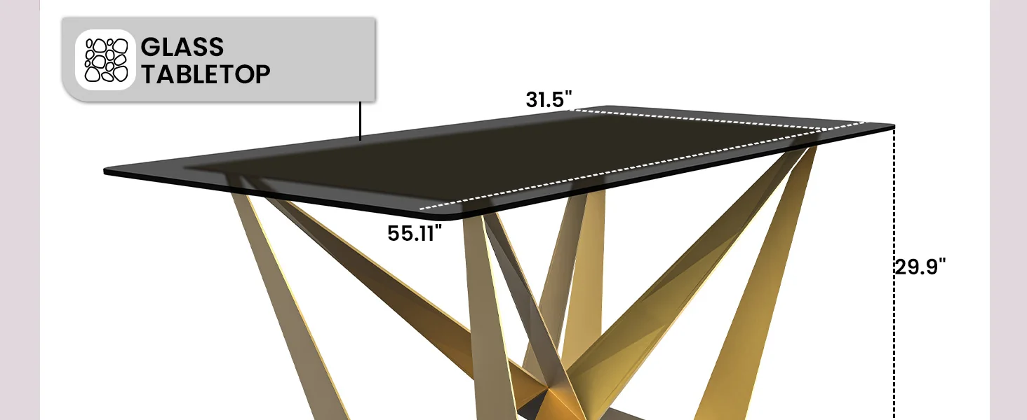 Nuvor Series Modern Dining Table Gold Base, With 62" Black Glass Top