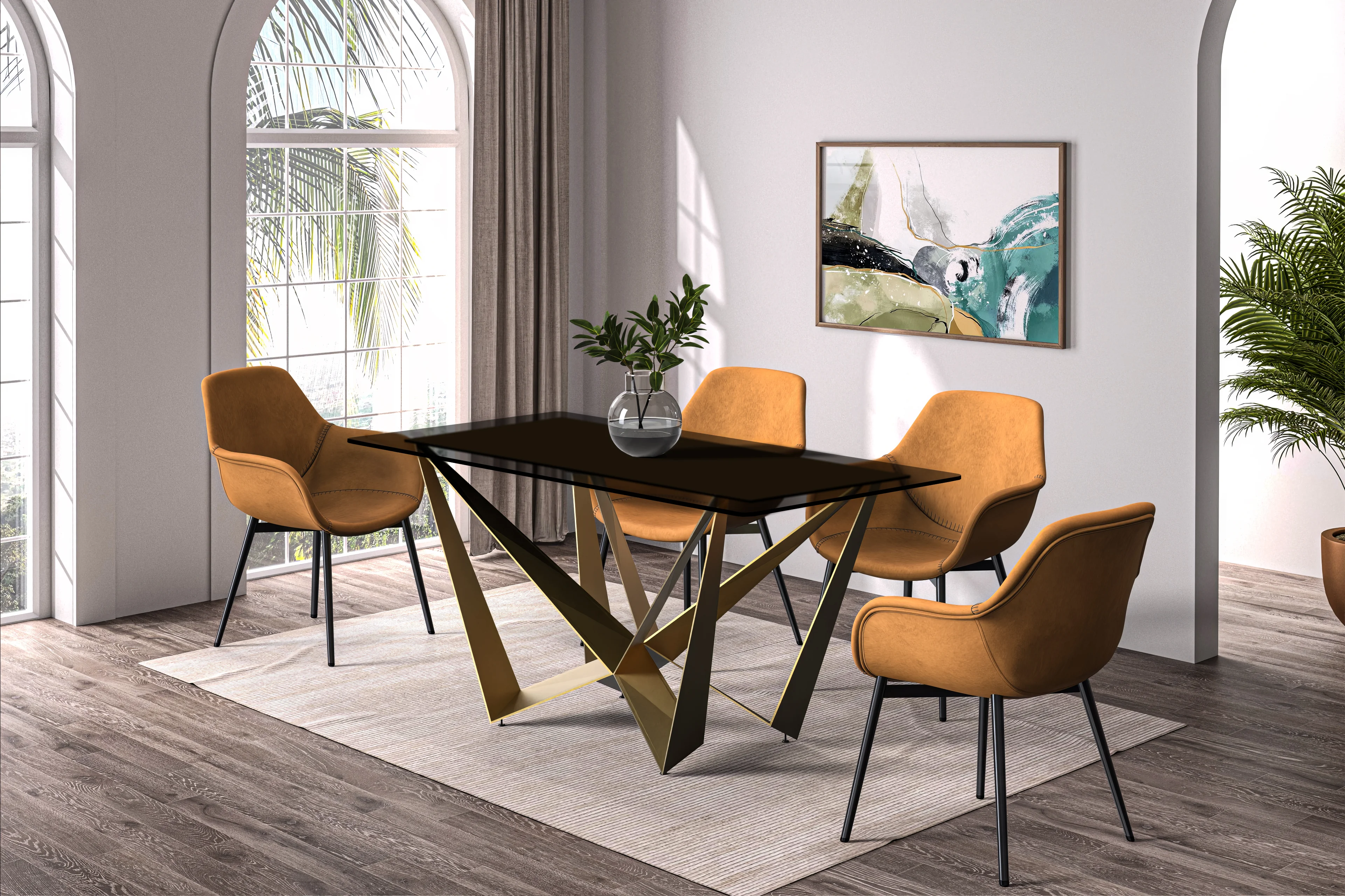 Nuvor Series Modern Dining Table Gold Base, With 62" Black Glass Top