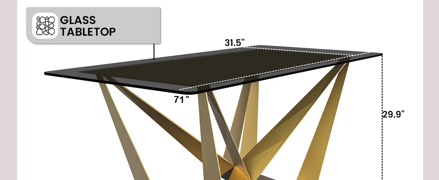 Nuvor Series Modern Dining Table Gold Base, With 62" Black Glass Top