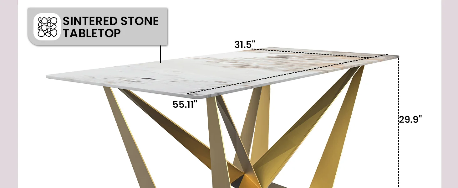 Nuvor Series Modern Dining Table Gold Base, With 62 White Grey Sintered Stone Top