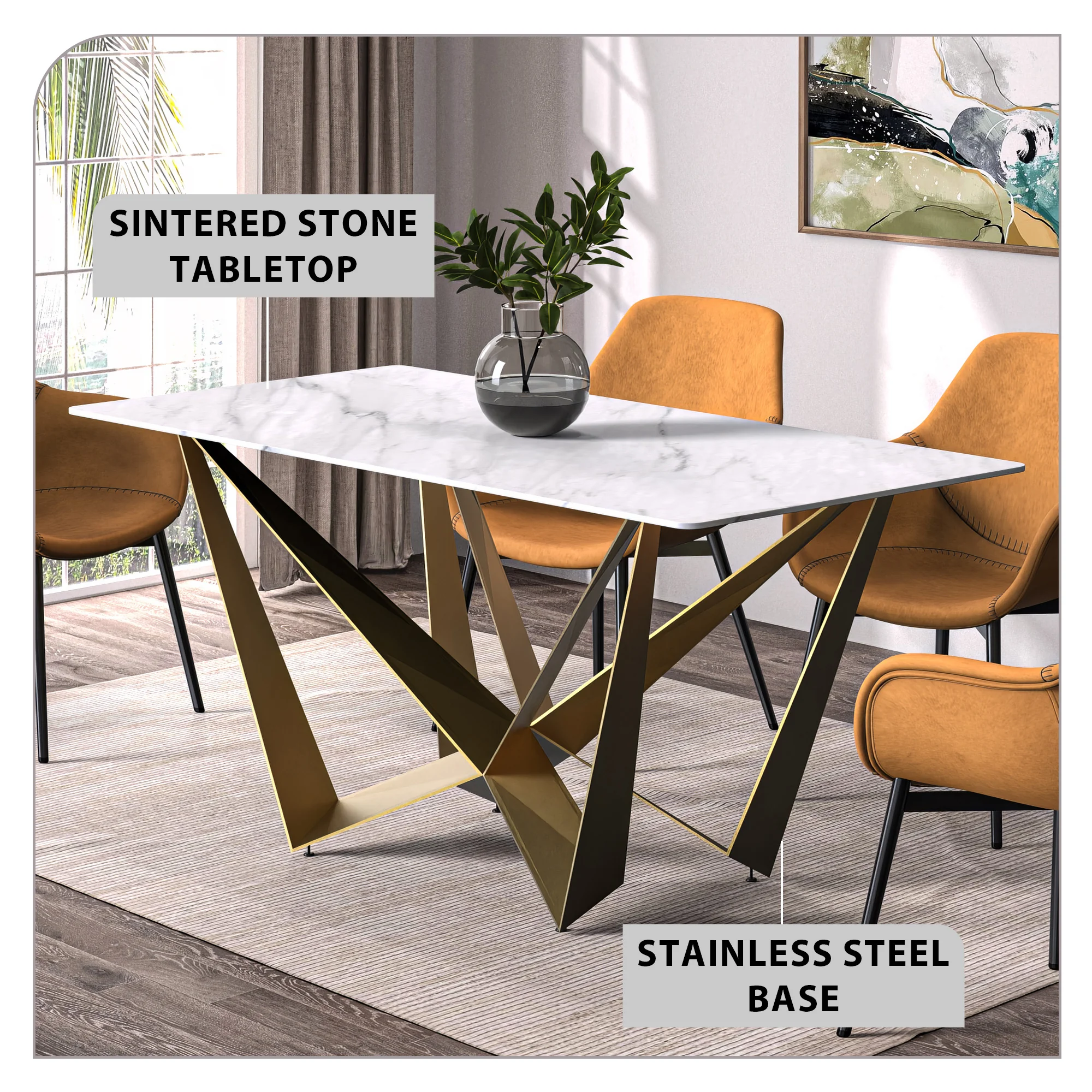 Nuvor Series Modern Dining Table Gold Base, With 62 White Sintered Stone Top