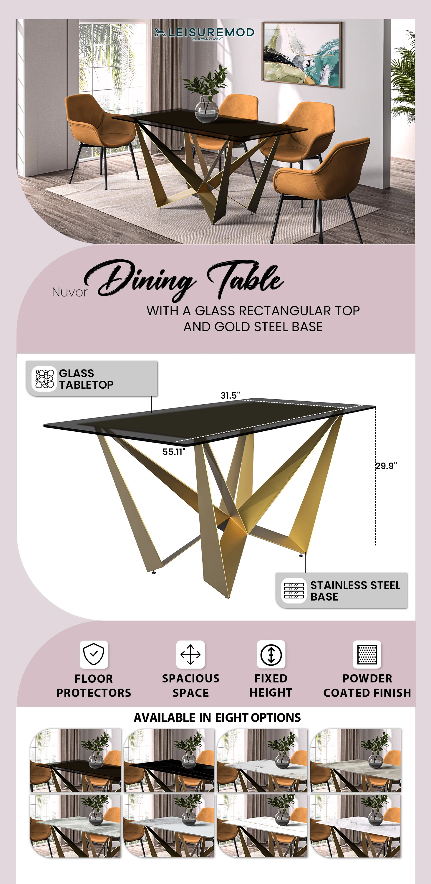 Nuvor Series Modern Dining Table Gold Base, With 71 Black Glass Top