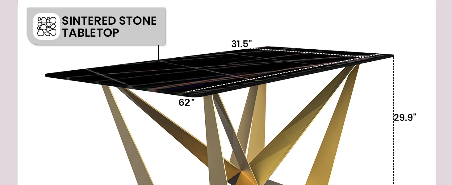Nuvor Series Modern Dining Table Gold Base, With 71 Black/Gold Sintered Stone Top