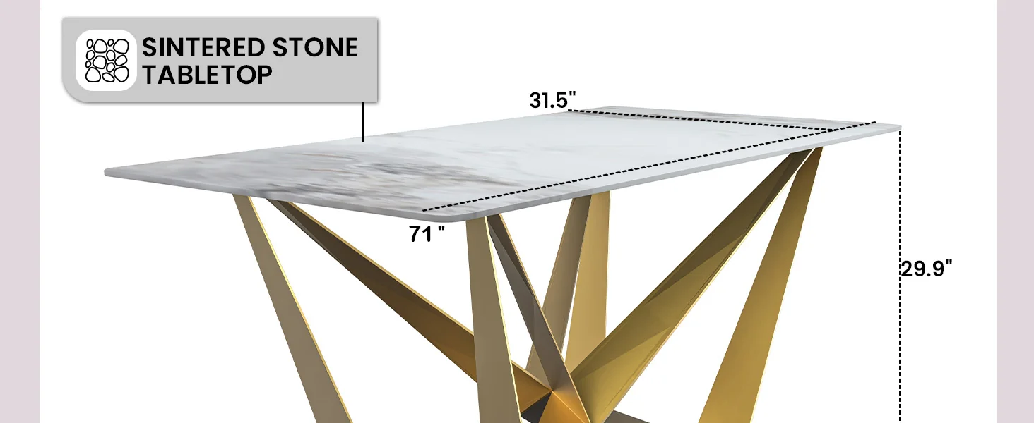 Nuvor Series Modern Dining Table Gold Base, With 71 Medium Grey Sintered Stone Top