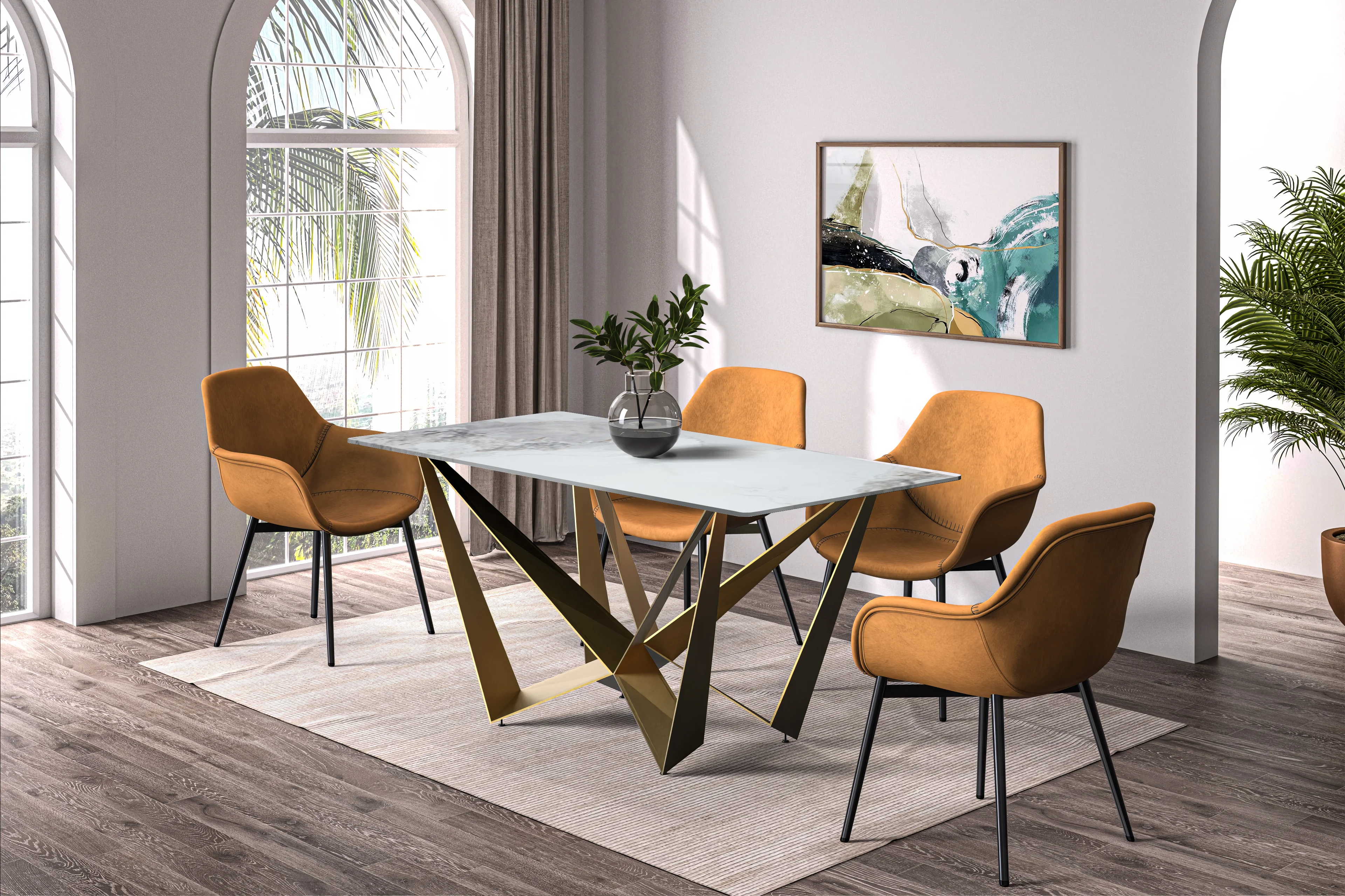 Nuvor Series Modern Dining Table Gold Base, With 71 Medium Grey Sintered Stone Top