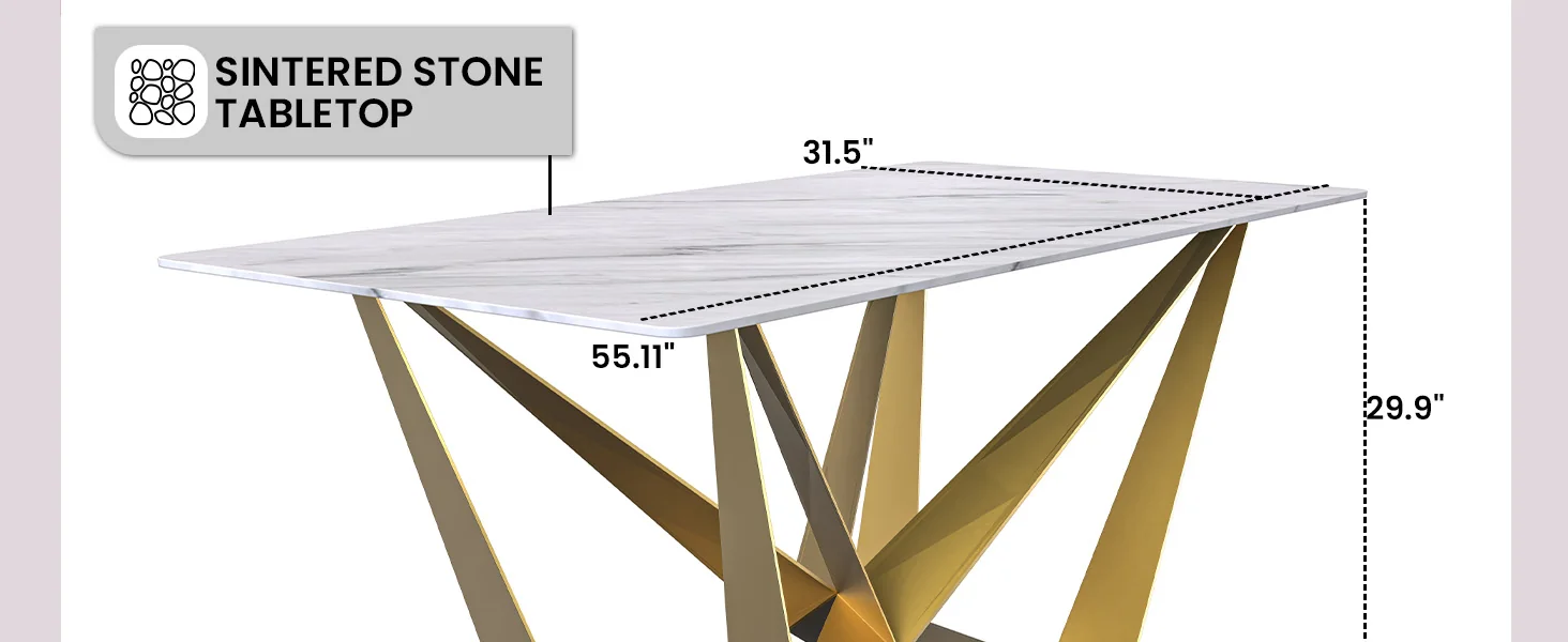 Nuvor Series Modern Dining Table Gold Base, With 71 White Sintered Stone Top