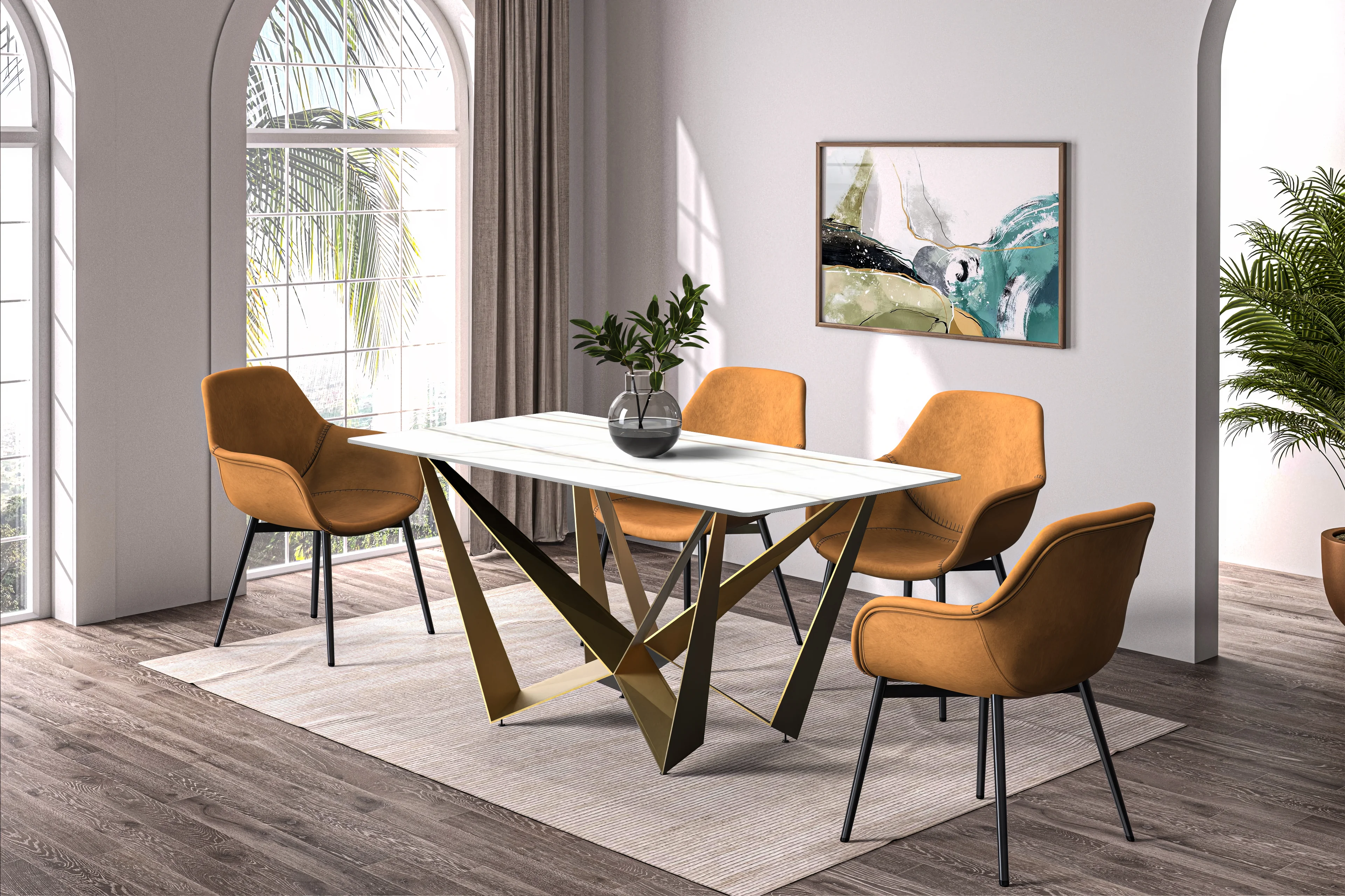 Nuvor Series Modern Dining Table Gold Base, With 71 White/Gold Sintered Stone Top