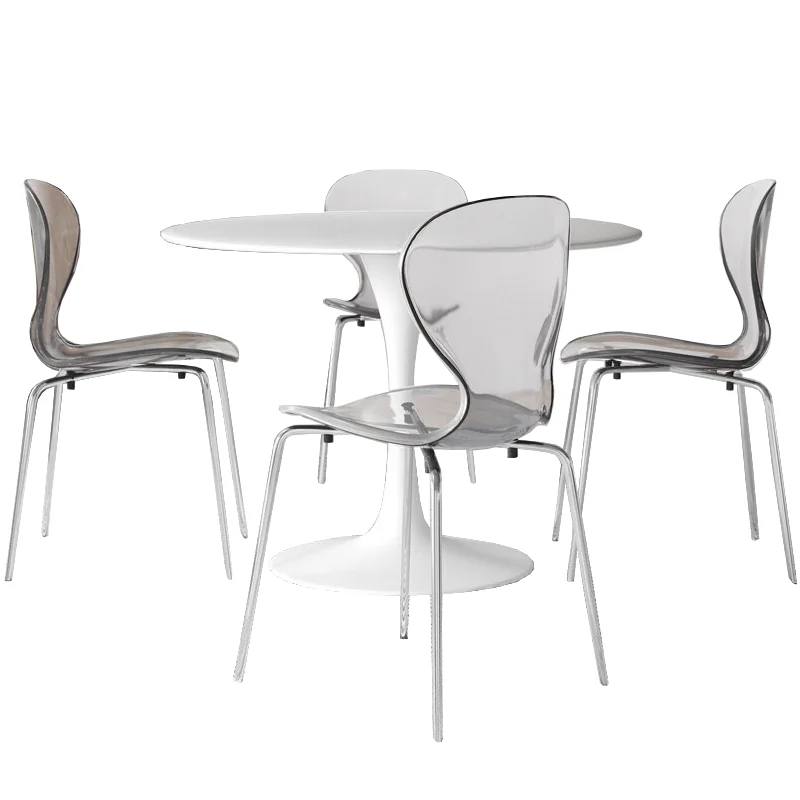 5-Piece Dining Set Round White MDF Dining Table and 4 Plastic Dining Chairs with Chrome Legs