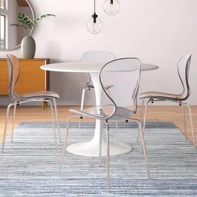 5-Piece Dining Set Round White MDF Dining Table and 4 Plastic Dining Chairs with Chrome Legs