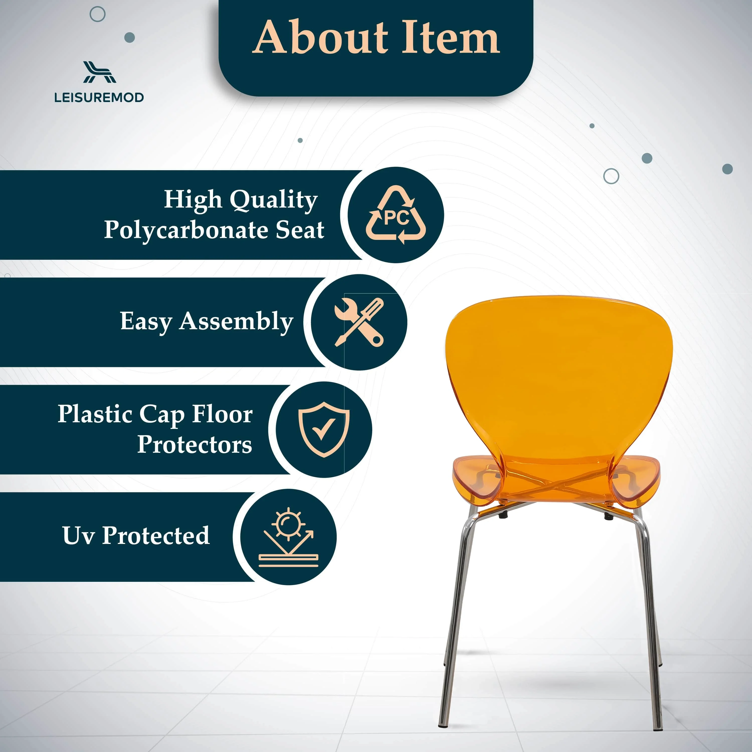 Modern Oyster Side Chair in Transparent Orange with Chromed Base Set of 2