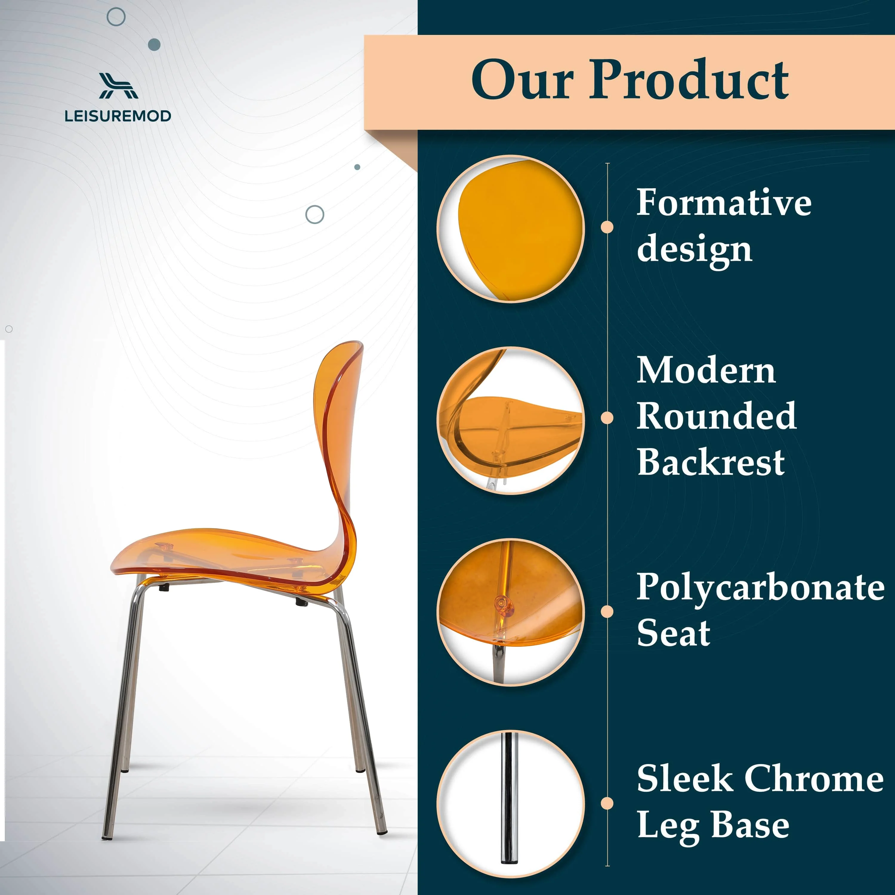 Modern Oyster Side Chair in Transparent Orange with Chromed Base Set of 2