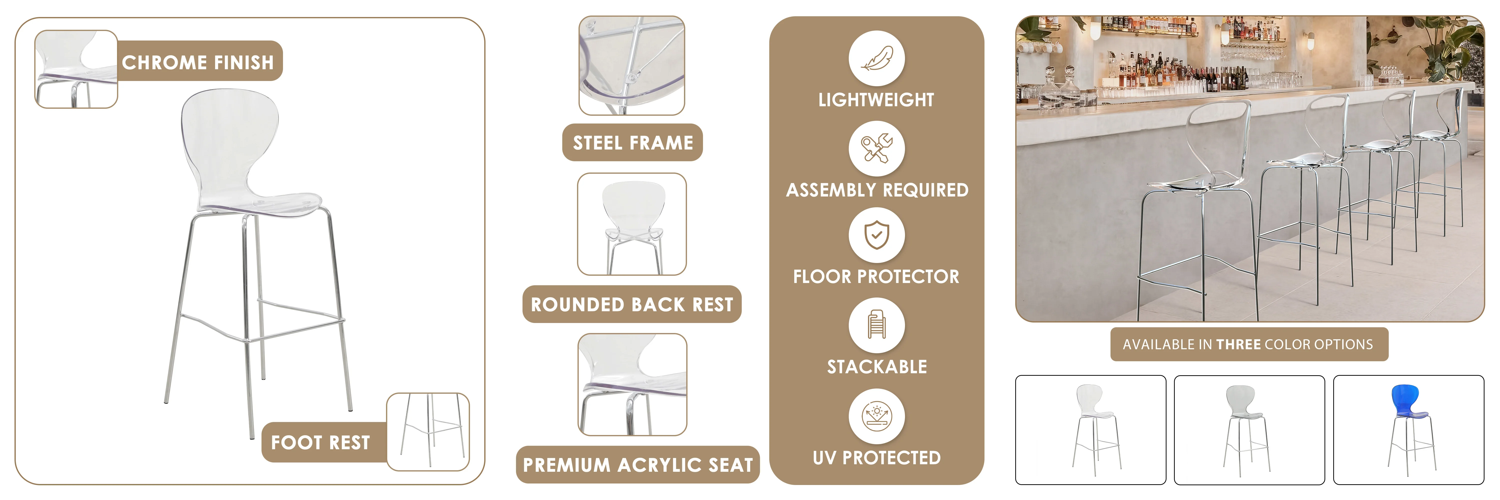 Oyster Acrylic Barstool with Steel Frame in Chrome Finish in Clear