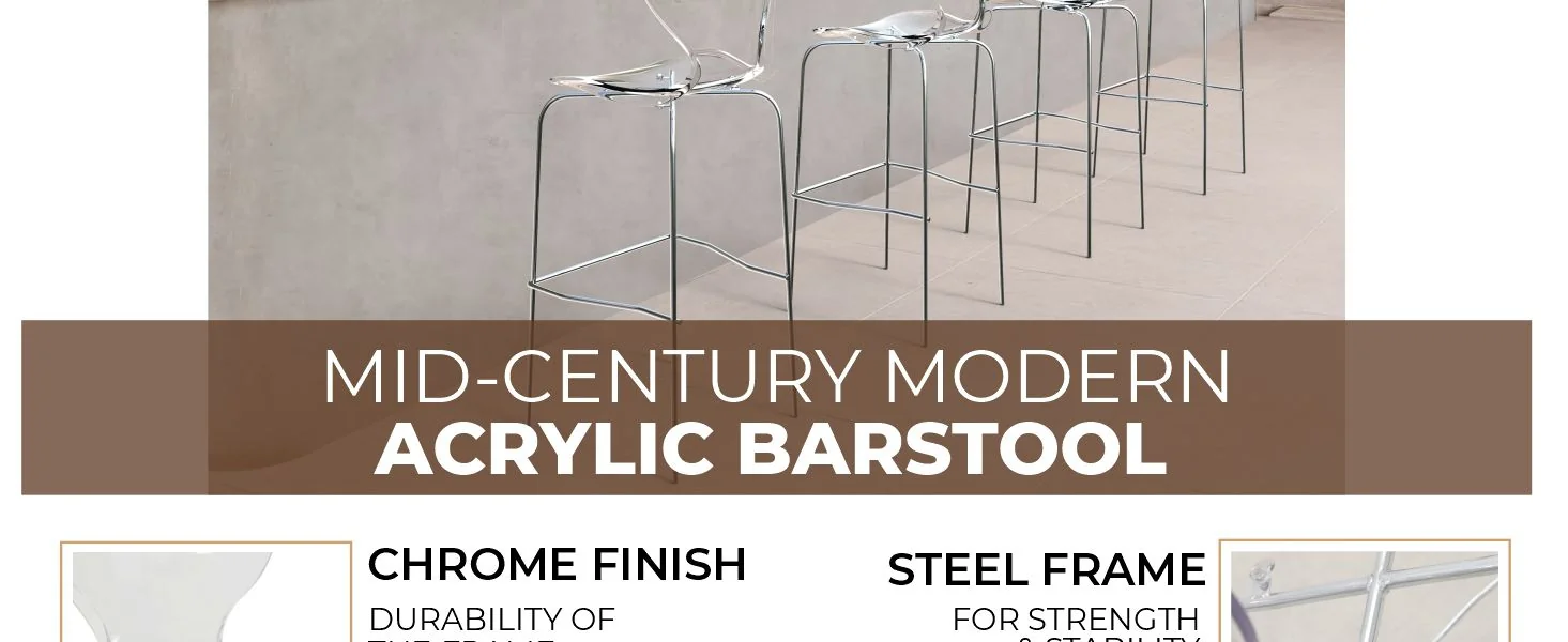 Oyster Acrylic Barstool with Steel Frame in Chrome Finish in Clear