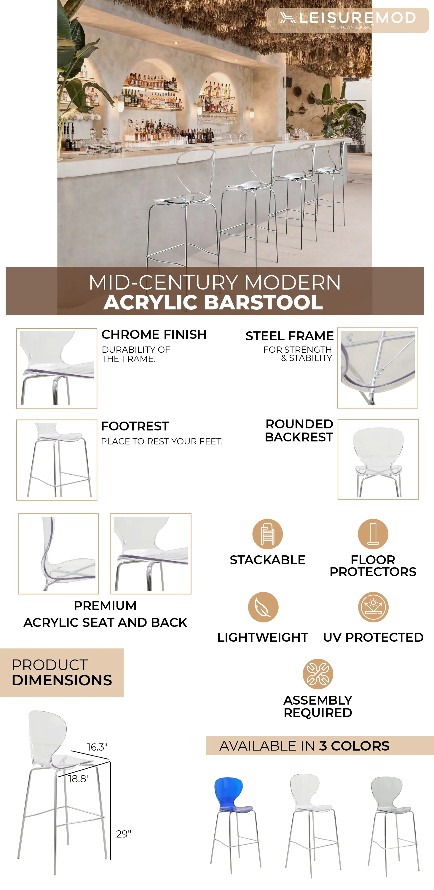 Oyster Acrylic Barstool with Steel Frame in Chrome Finish in Clear