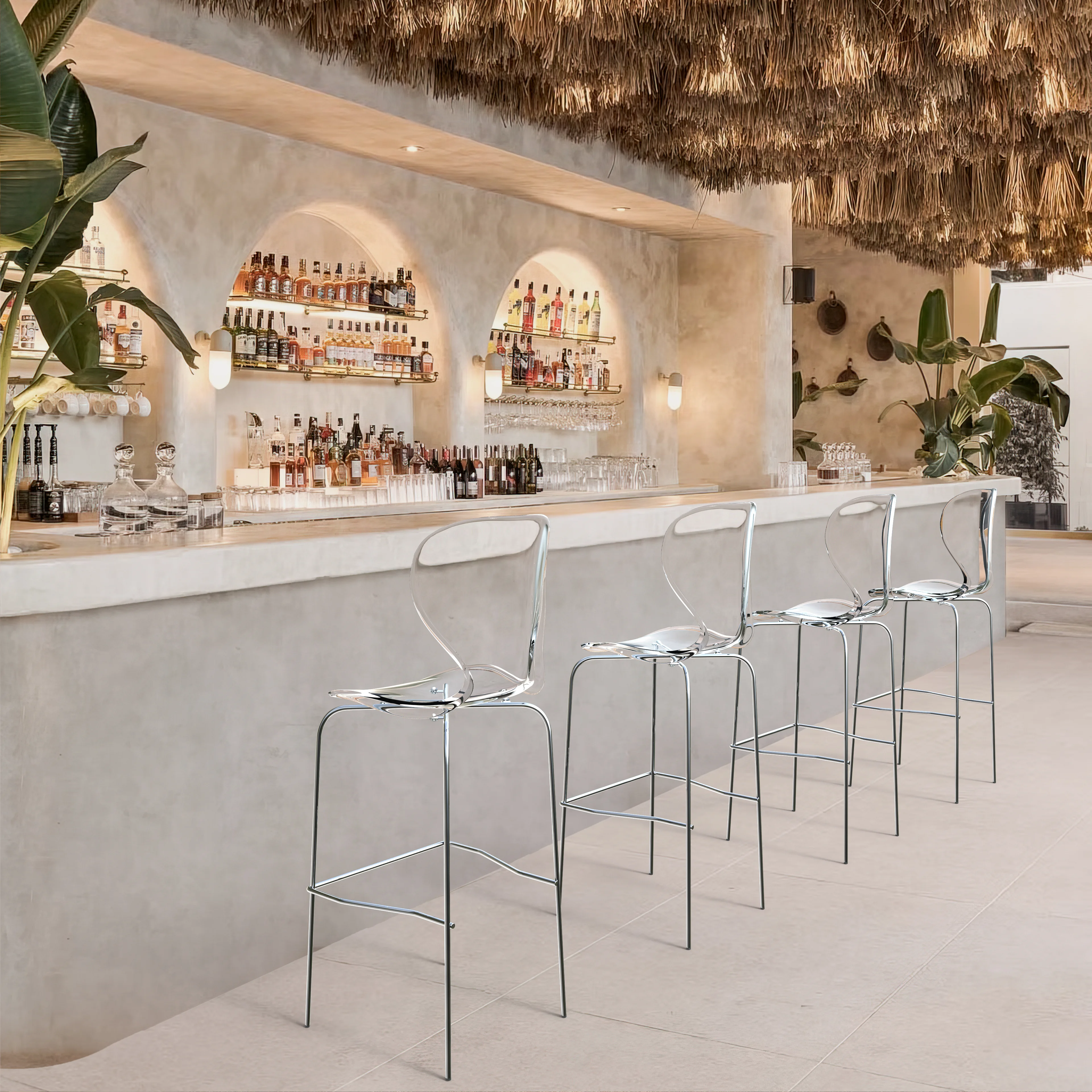 Oyster Acrylic Barstool with Steel Frame in Chrome Finish Set of 2 in Clear