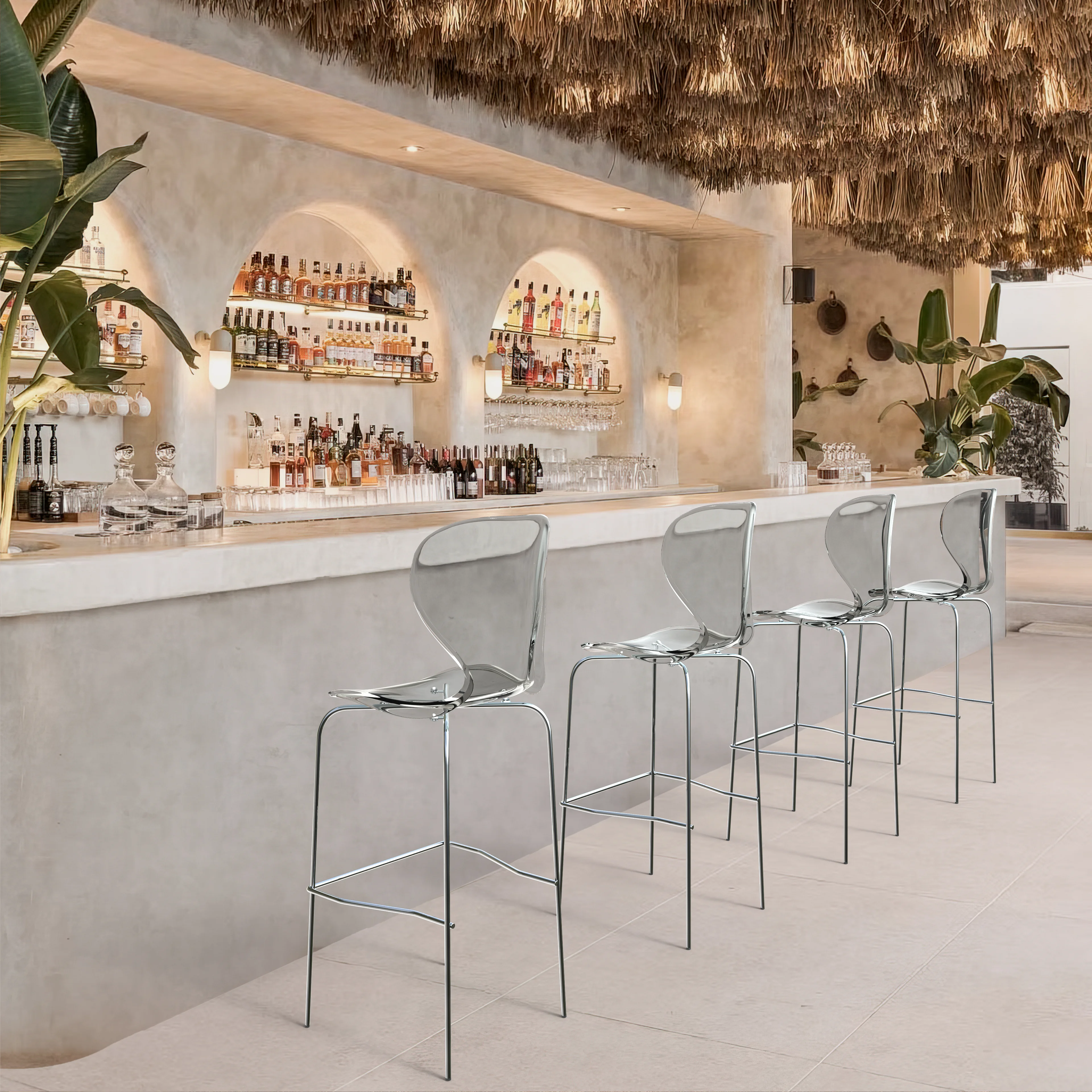 Oyster Acrylic Barstool with Steel Frame in Chrome Finish Set of 2 in Smoke