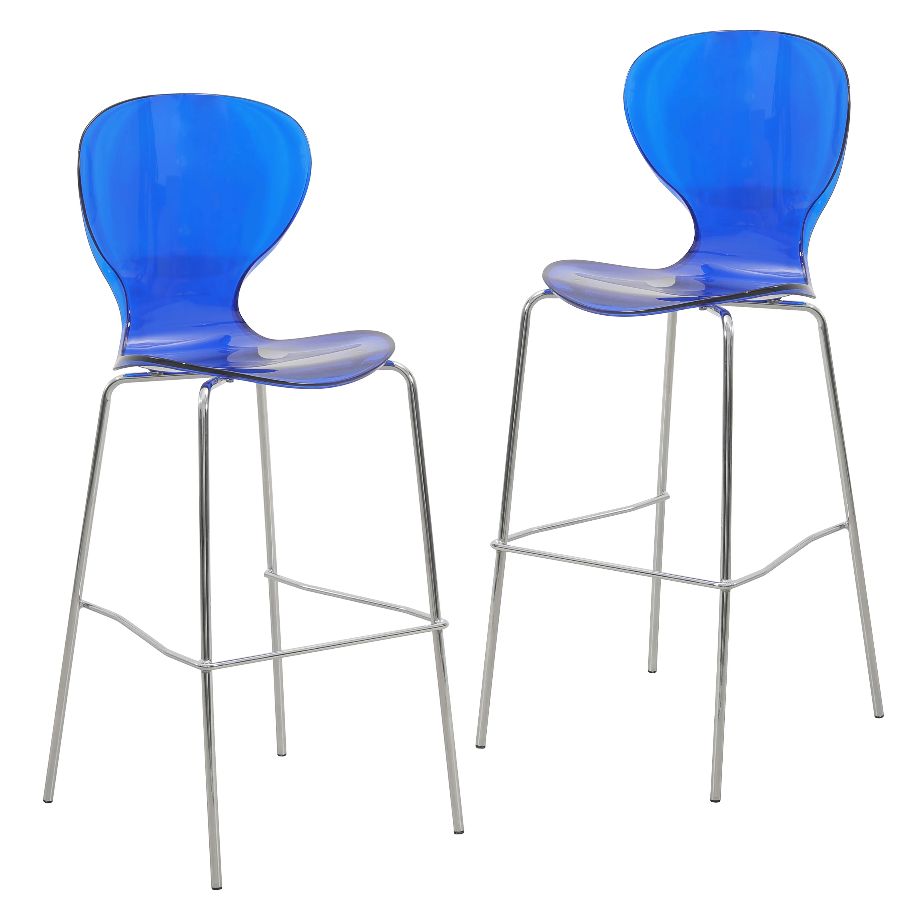 Oyster Acrylic Barstool with Steel Frame in Chrome Finish Set of 2 in Transparent Blue
