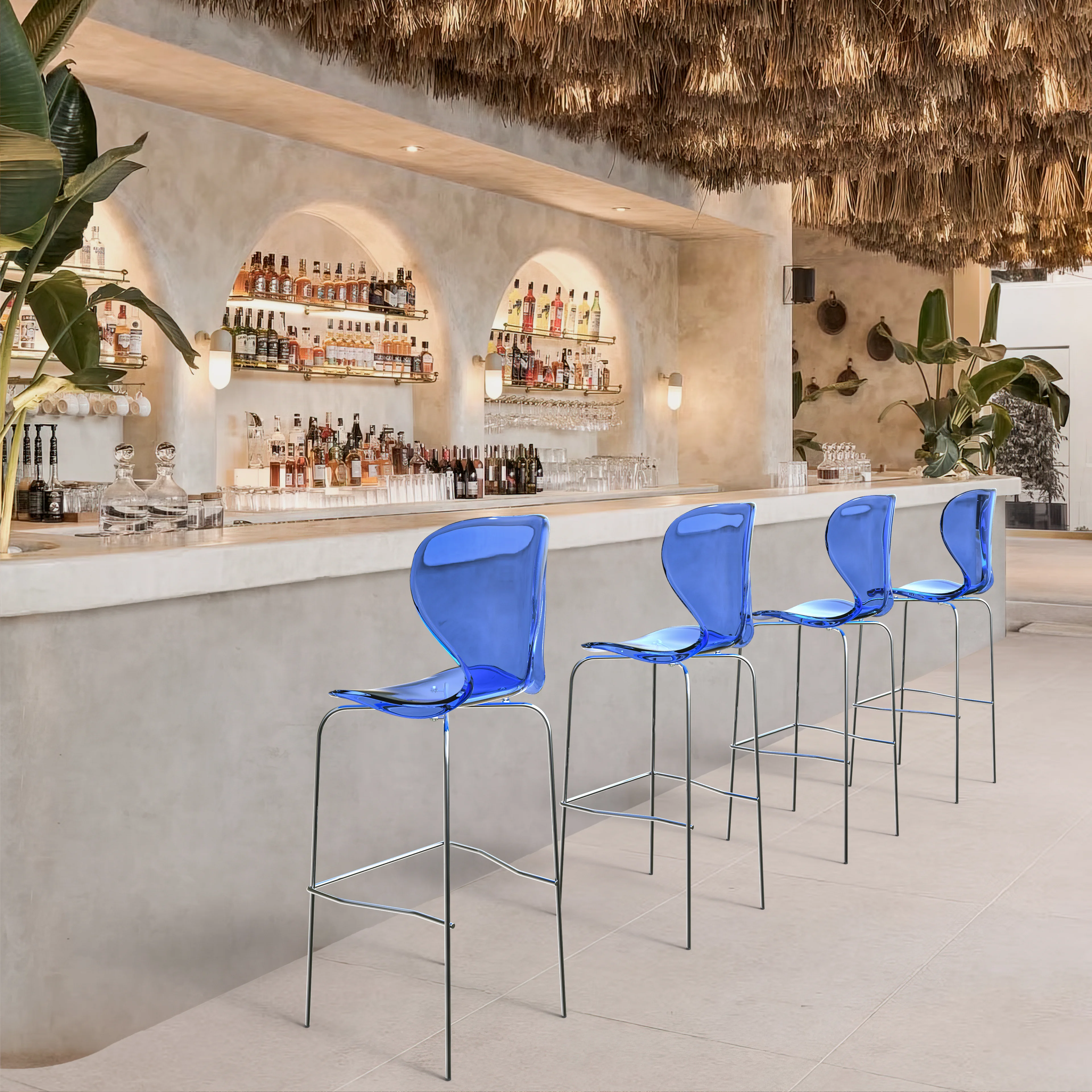 Oyster Acrylic Barstool with Steel Frame in Chrome Finish Set of 2 in Transparent Blue