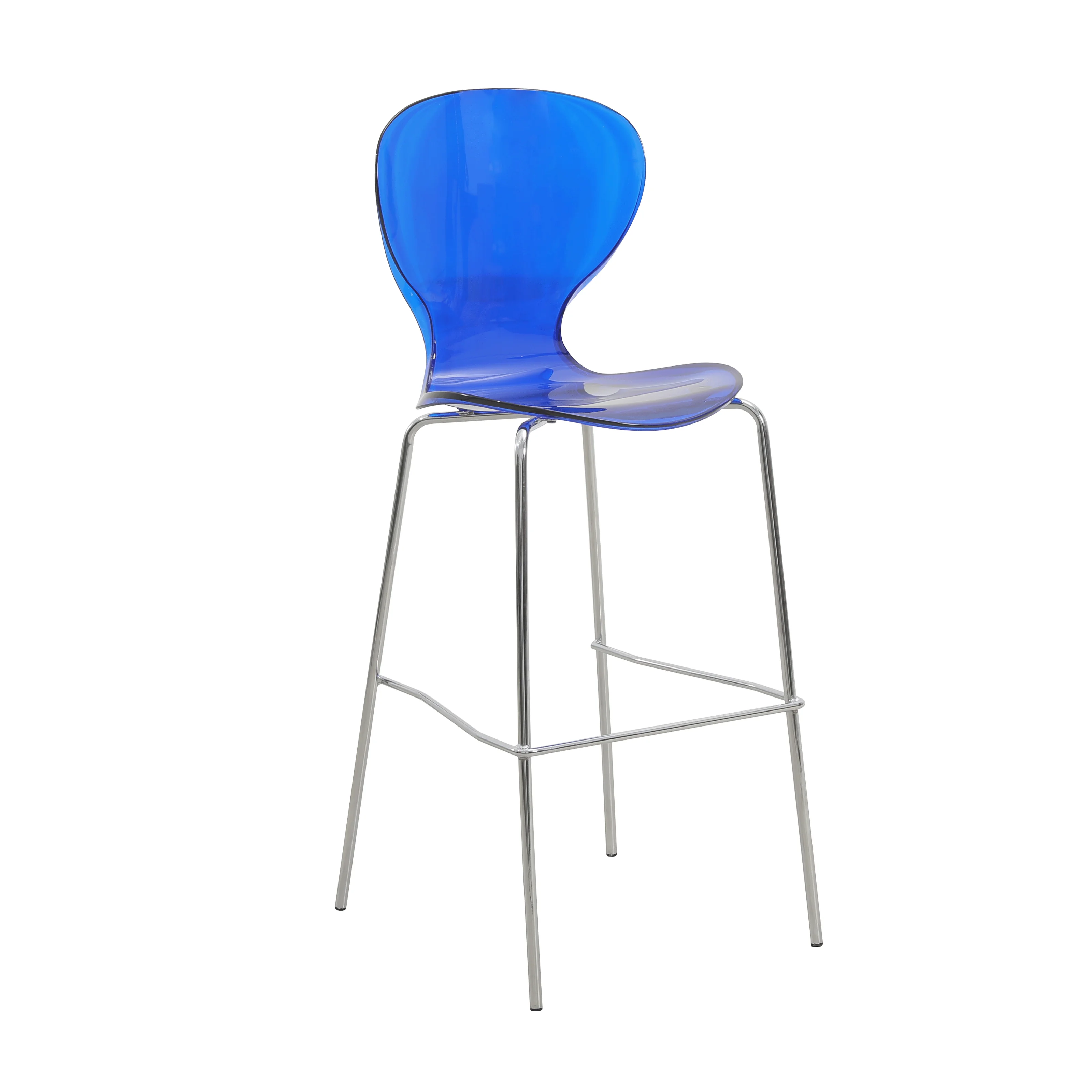 Oyster Acrylic Barstool with Steel Frame in Chrome Finish Set of 2 in Transparent Blue